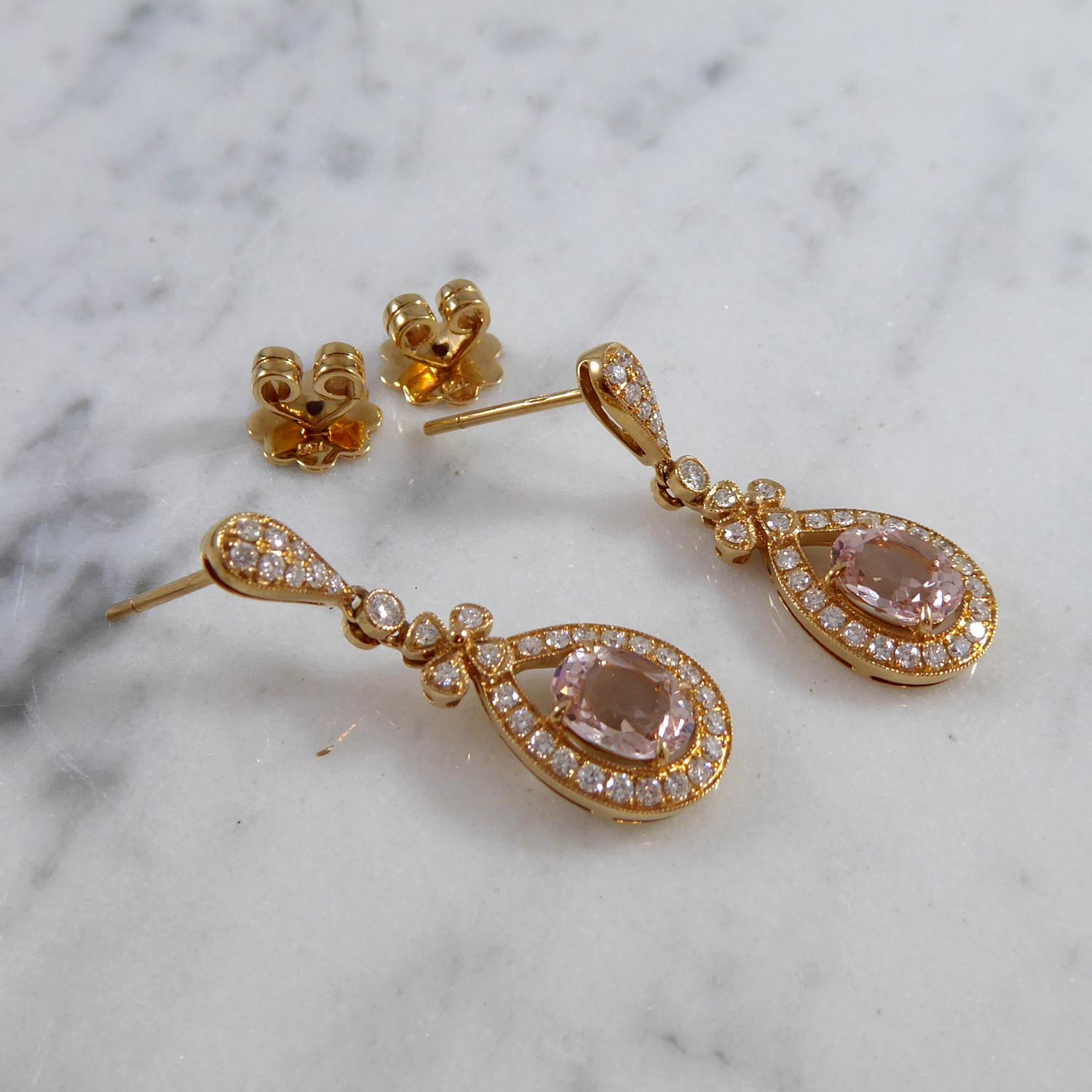 Pre-Owned Drop Earrings Set with Pear Shaped Morganite in Rose Gold In Good Condition For Sale In Yorkshire, West Yorkshire