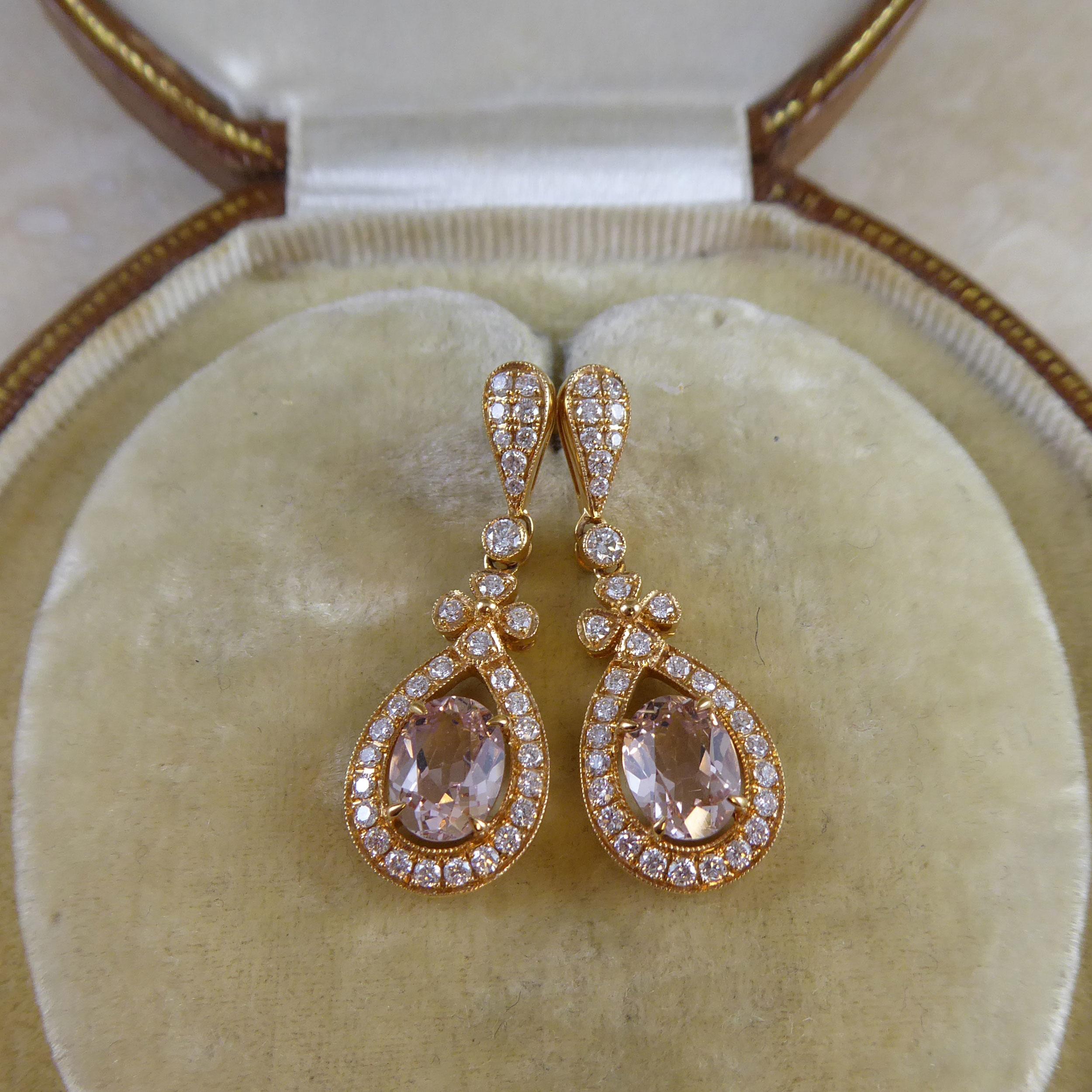 Pre-Owned Drop Earrings Set with Pear Shaped Morganite in Rose Gold For Sale 1