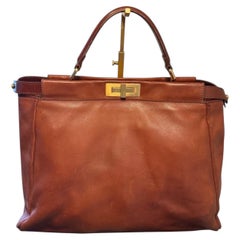 Pre-Owned Fendi Peekaboo Bag Large Cognac Leather Top Handle Bag with Gold-Tone