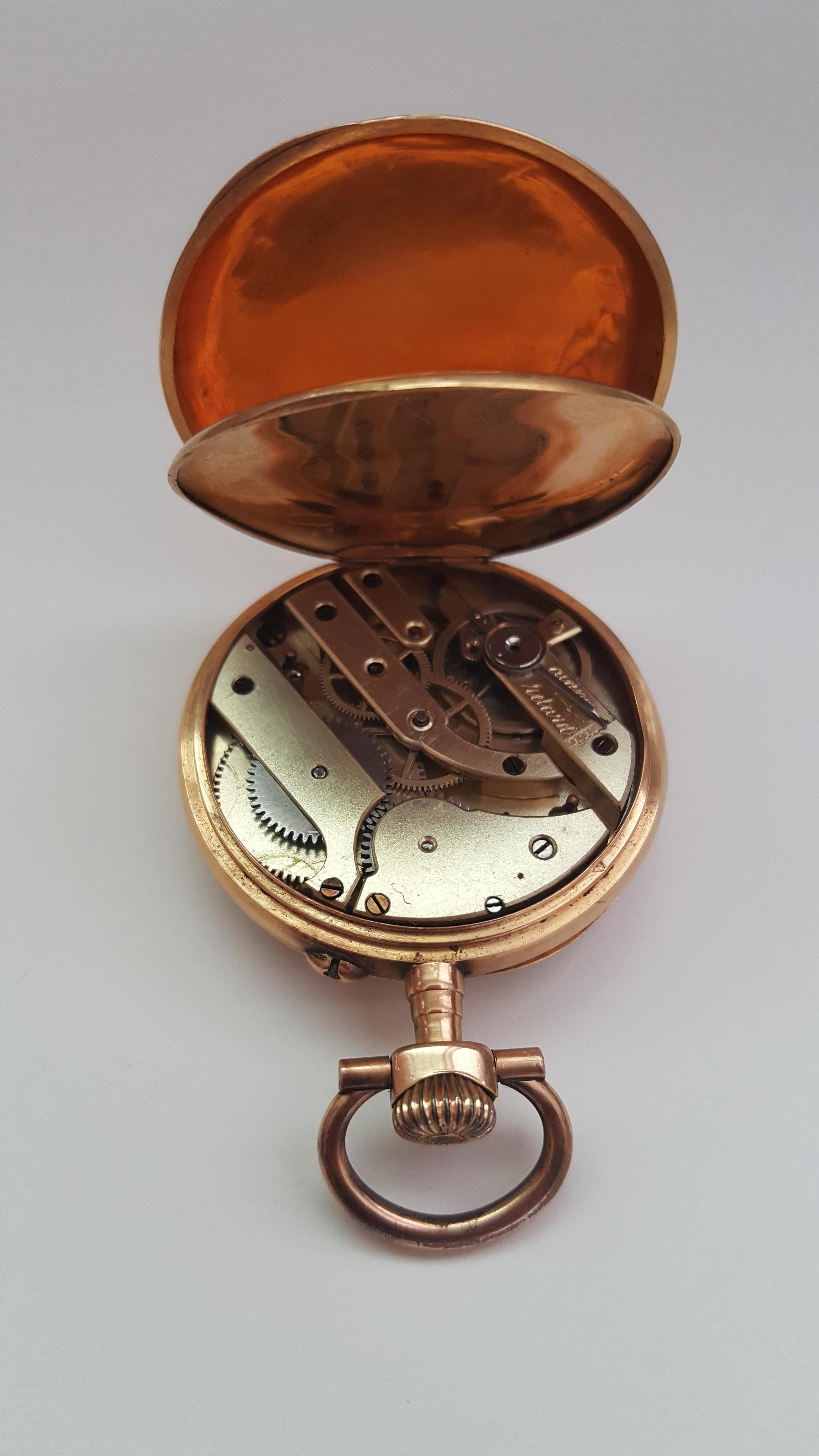 44mm 18kt Gold Yellow 19th Century Galonne Pocket Watch, Warranty, Serviced For Sale 4