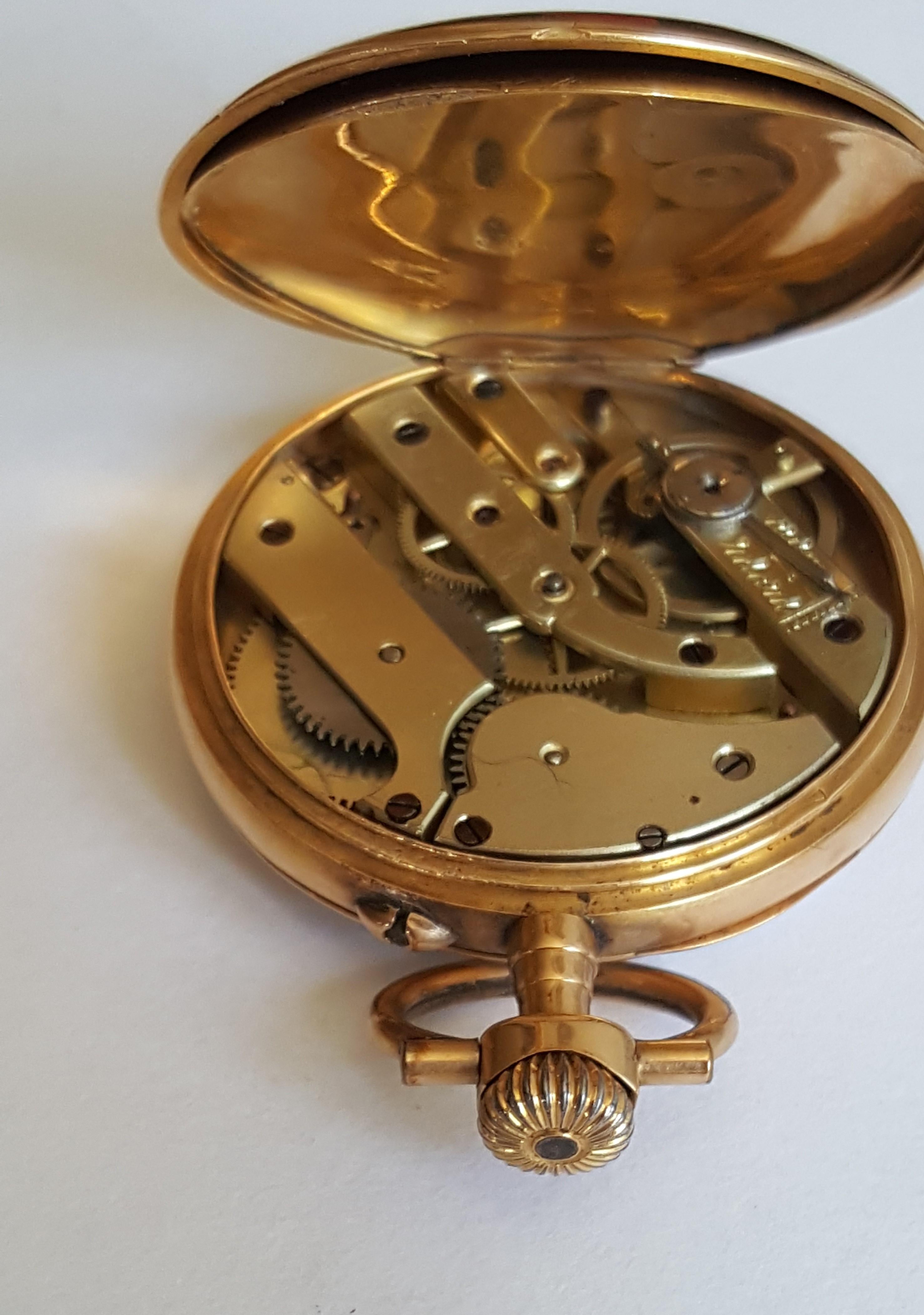 44mm 18kt Gold Yellow 19th Century Galonne Pocket Watch, Warranty, Serviced For Sale 1