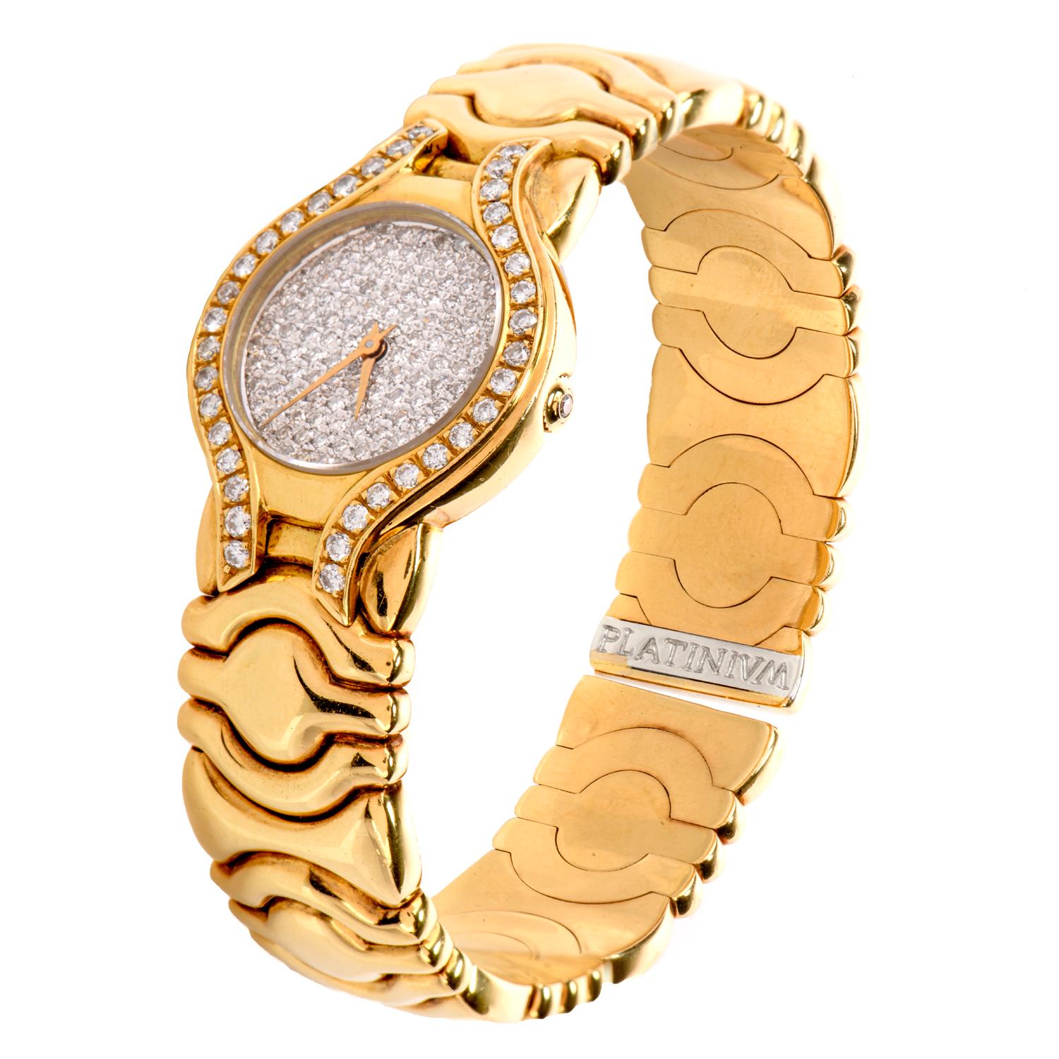 Not just a watch, this piece is also an incredibly stylish cuff bracelet.

Featuring an all Diamond, pave set dial and bezel, this 

quartz battery movement has gold hands and a scratch

resistant sapphire crystal. 

Measuring appx. 24mm in diameter