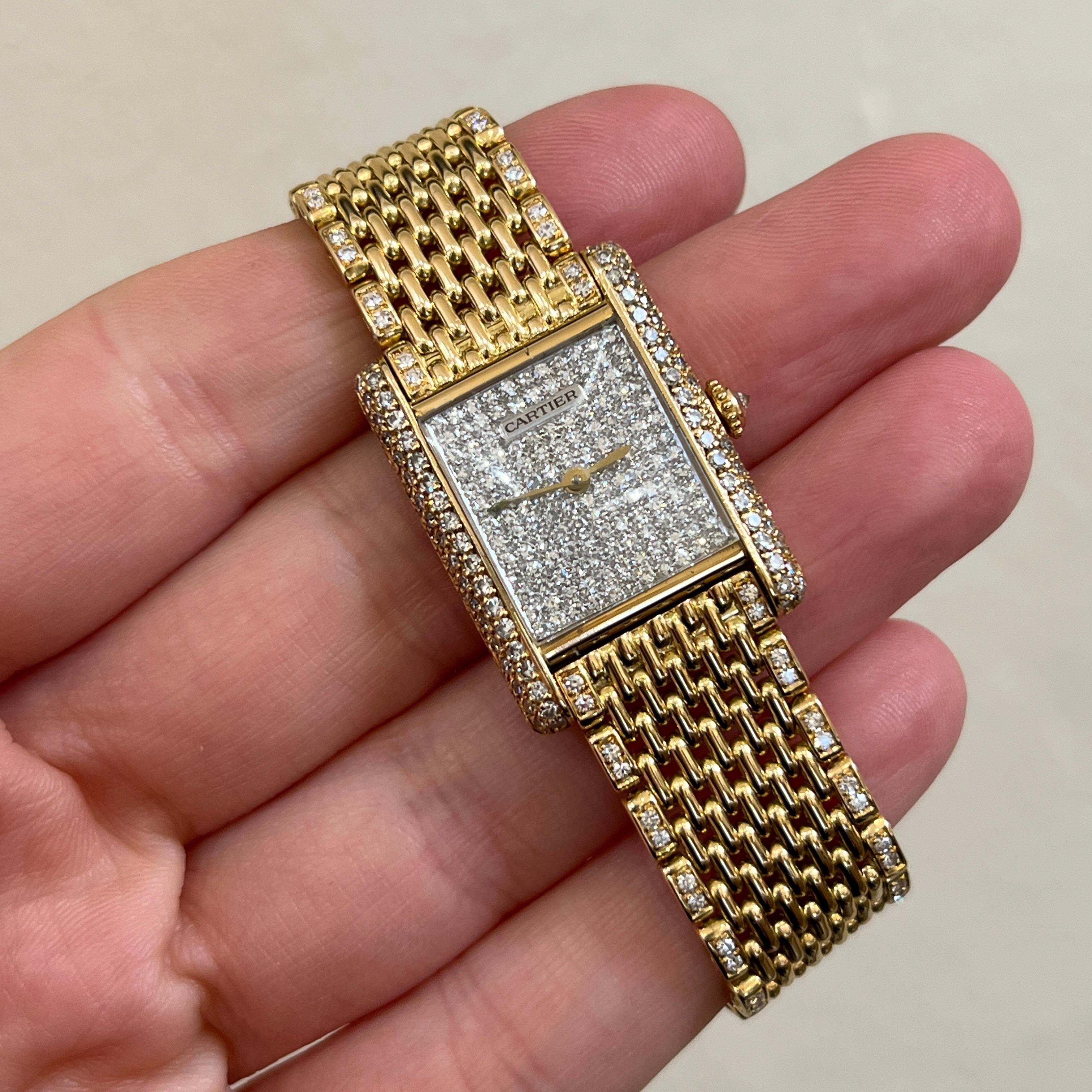 Round Cut Pre-Owned Louis Cartier Tank Watch Factory Diamonds Grain de Riz 18KY For Sale