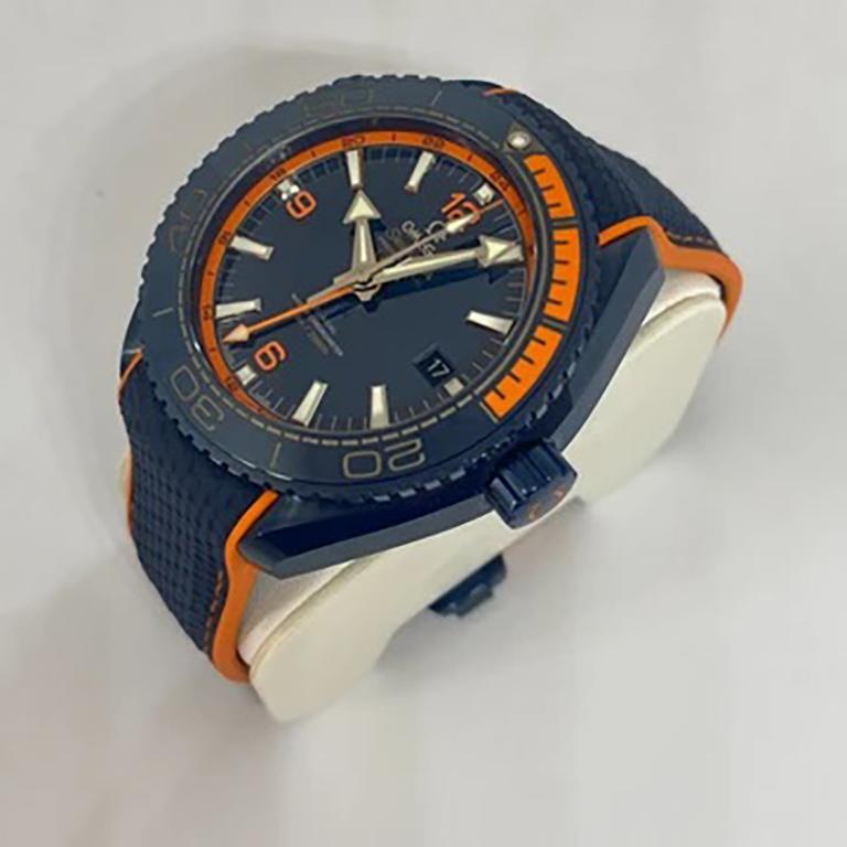 Pre-Owned Men's Omega Seamaster Planet Ocean Big Blue Ceramic Box/Papers In Excellent Condition For Sale In Carmel-by-the-Sea, CA