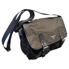 Pre-Owned Prada Tessuto Double Buckle Messenger Bag Green Nylon Crossbody Bag