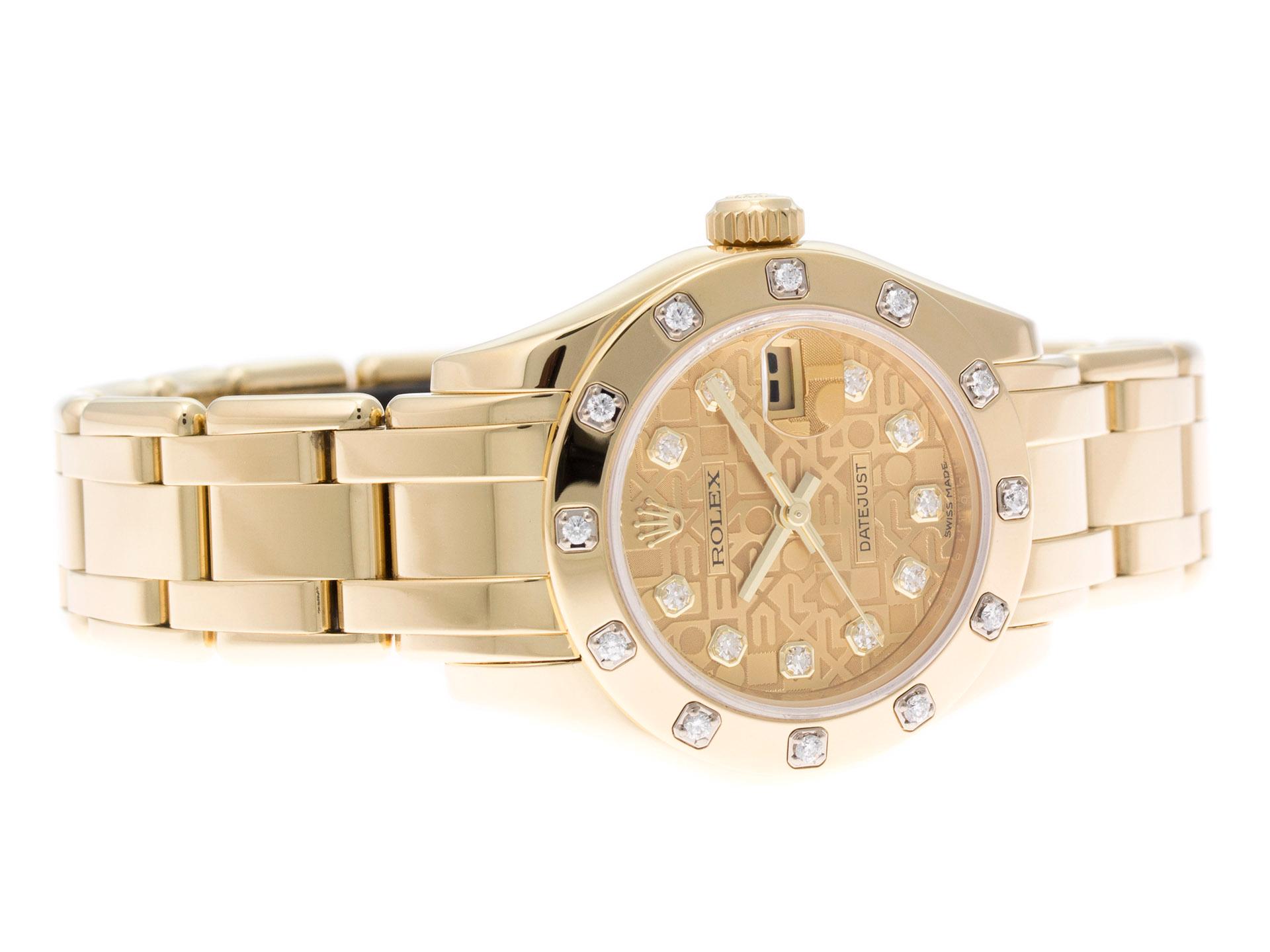 18K Yellow Gold Rolex Datejust Pearlmaster 80318 watch, water resistant to 100m, with jubilee diamond dial and bracelet.

Watch	
Brand:	Rolex
Series:	Datejust Pearlmaster
Model #:	80318-72948
Gender:	Ladies’
Condition:	Excellent Display Model, Faint