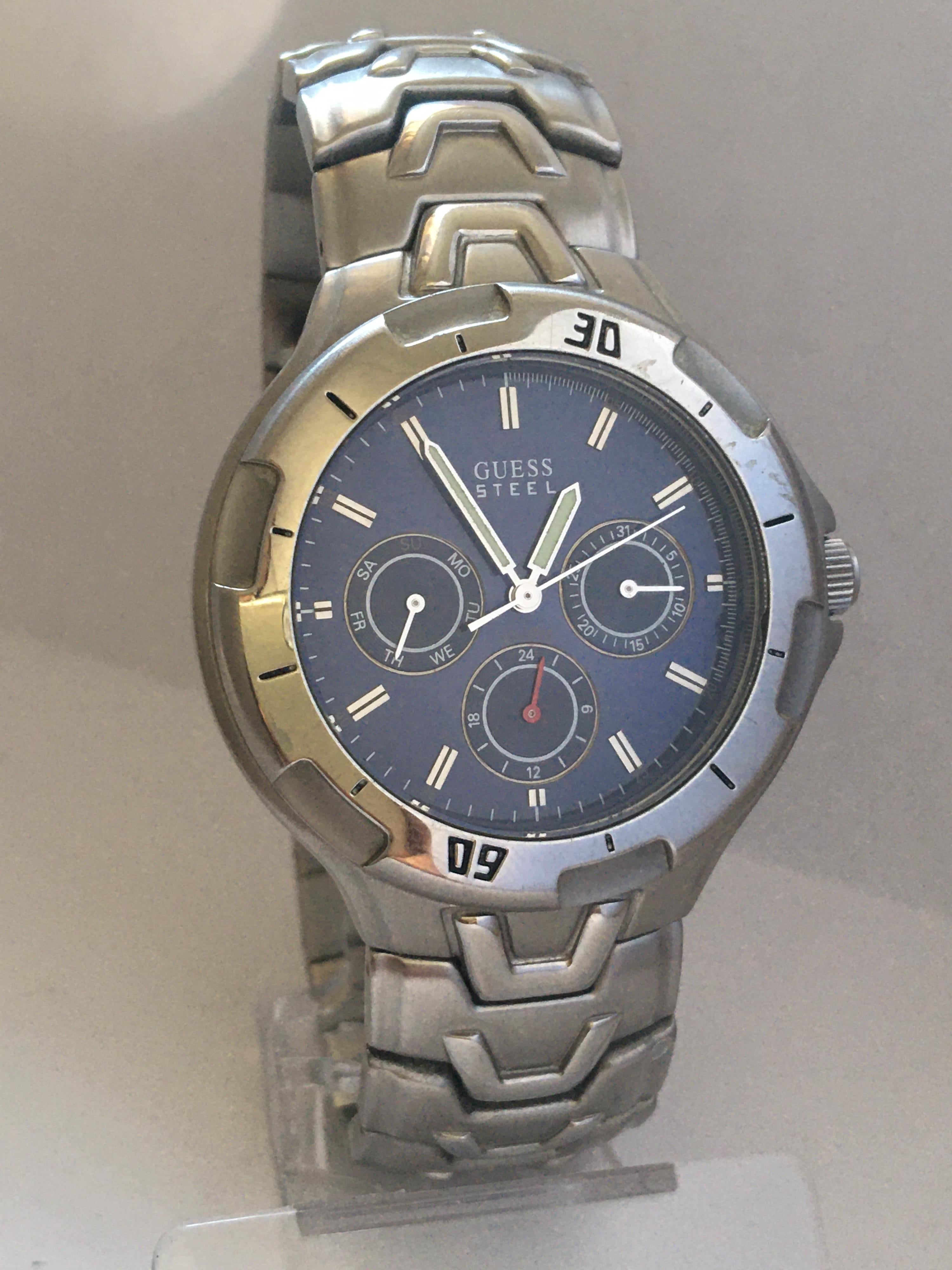 This beautiful pre-owned battery operated blue dial and stainless steel men’s watch is working and running well. Visible scratches on the strap as shown.

Please study the images carefully as form part of the description. 