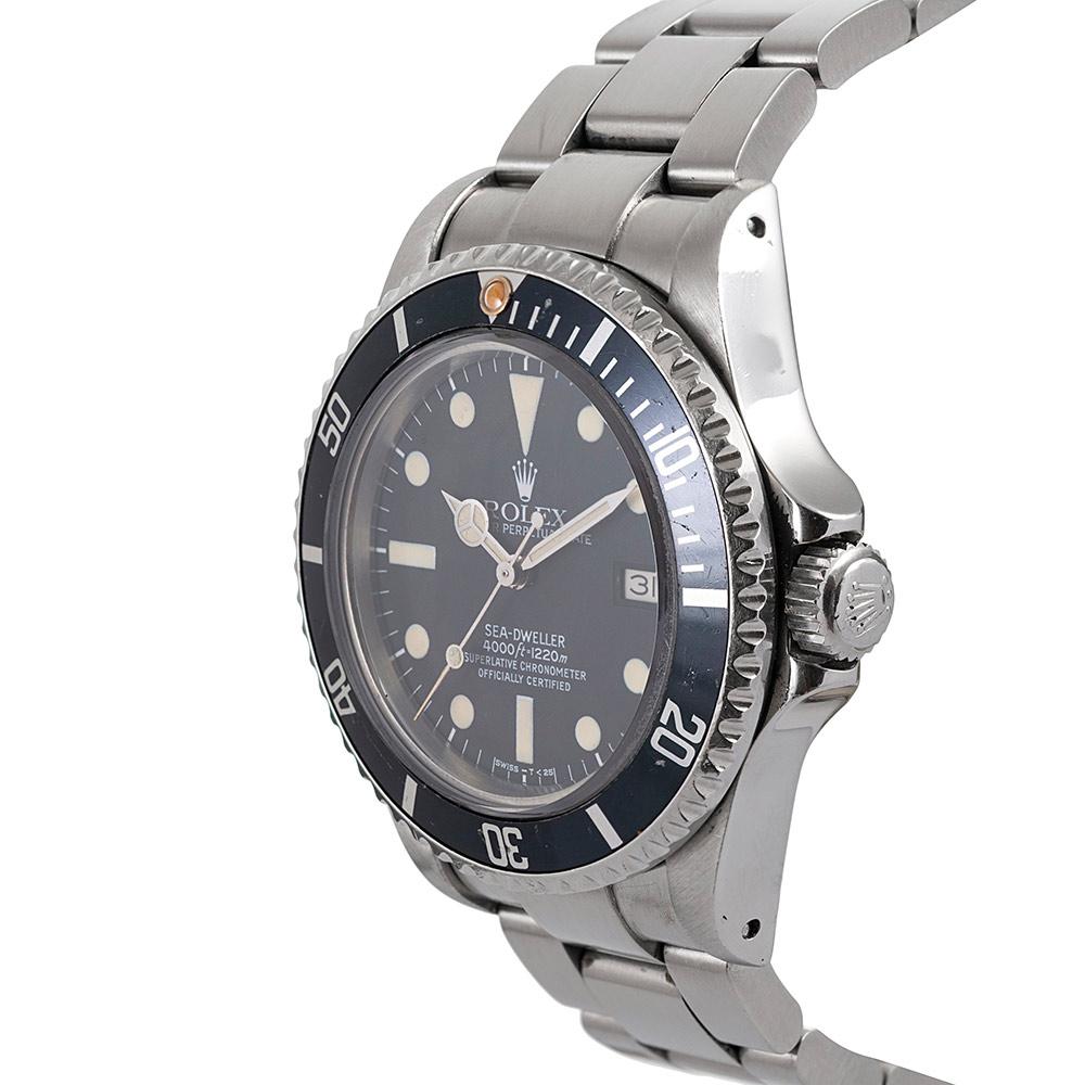 Noted for its creamy patina and strong color on the original pearl, this matte dial Seadweller represents the first version of this model with a sapphire crystal. The Seadweller offers the iconic look of a Submariner, but wears a bit more