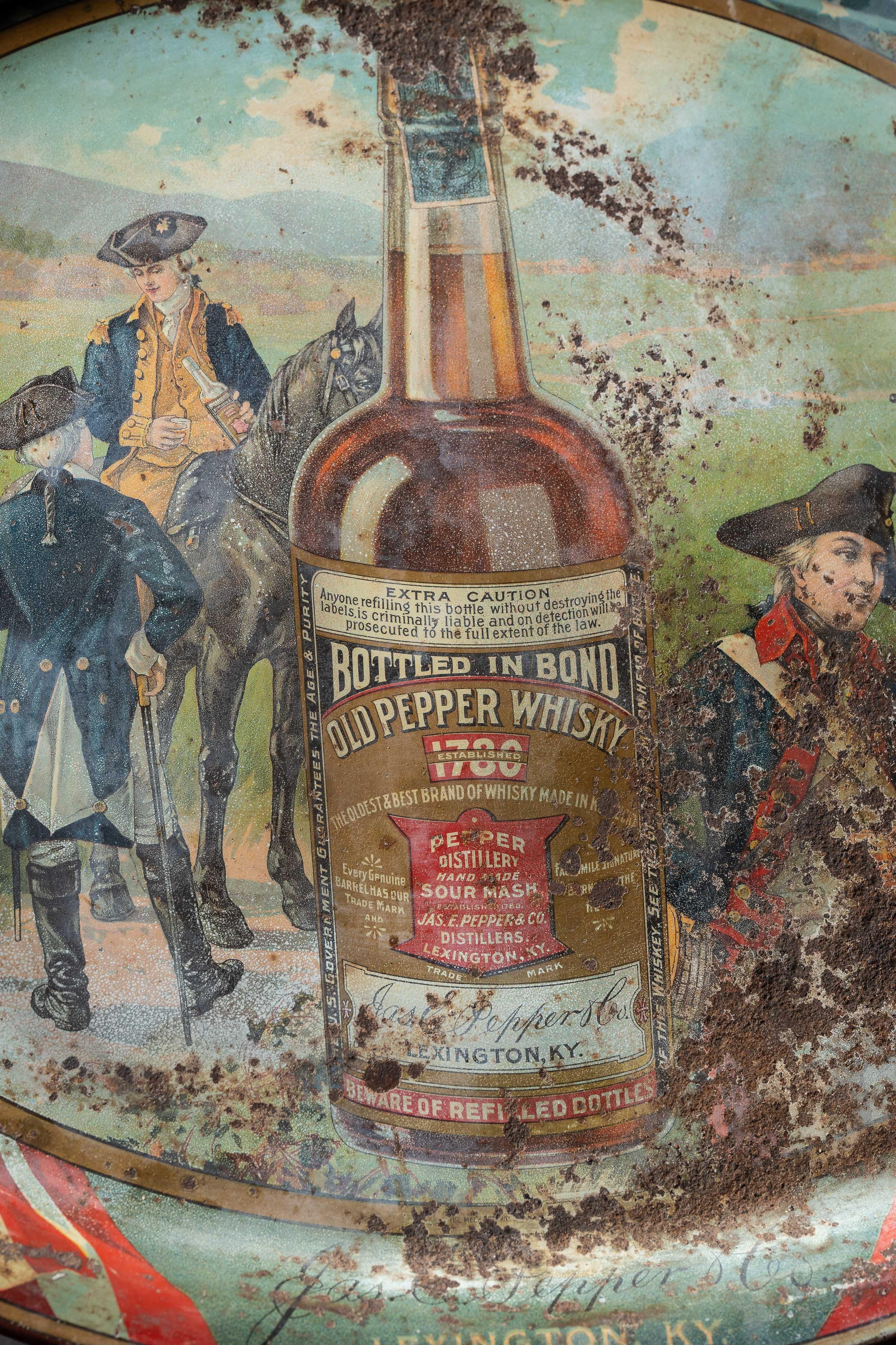 Americano Vassoio pubblicitario litografato del whisky Old Pepper del periodo pre-proibizionista in vendita