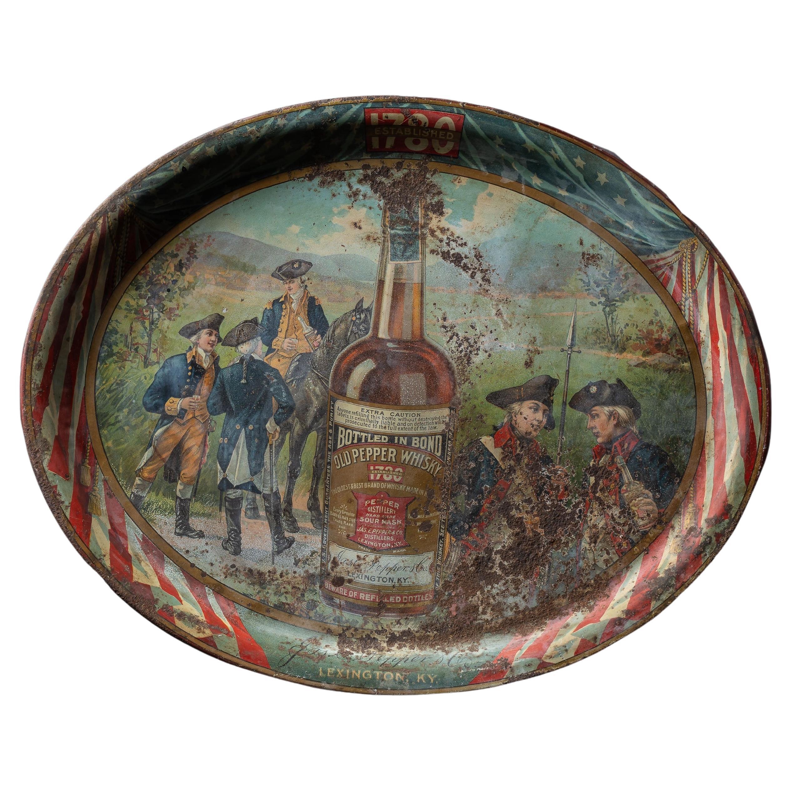 Vassoio pubblicitario litografato del whisky Old Pepper del periodo pre-proibizionista in vendita