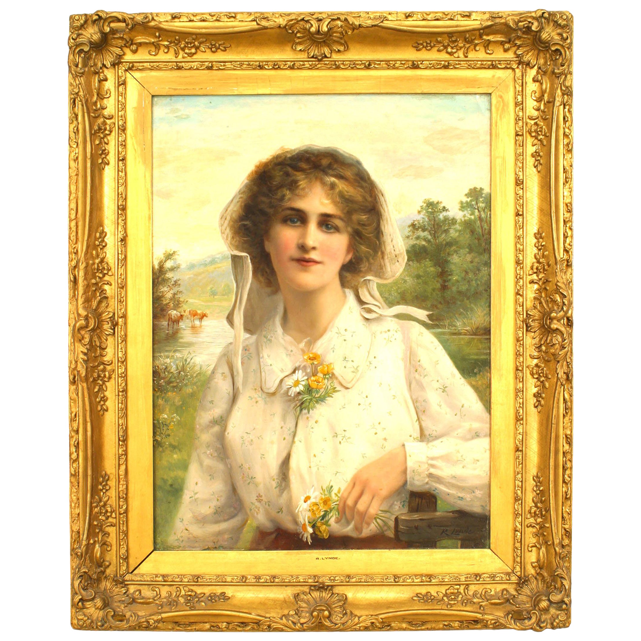 Portrait préraphaélite à l'huile d'une jeune femme encadré