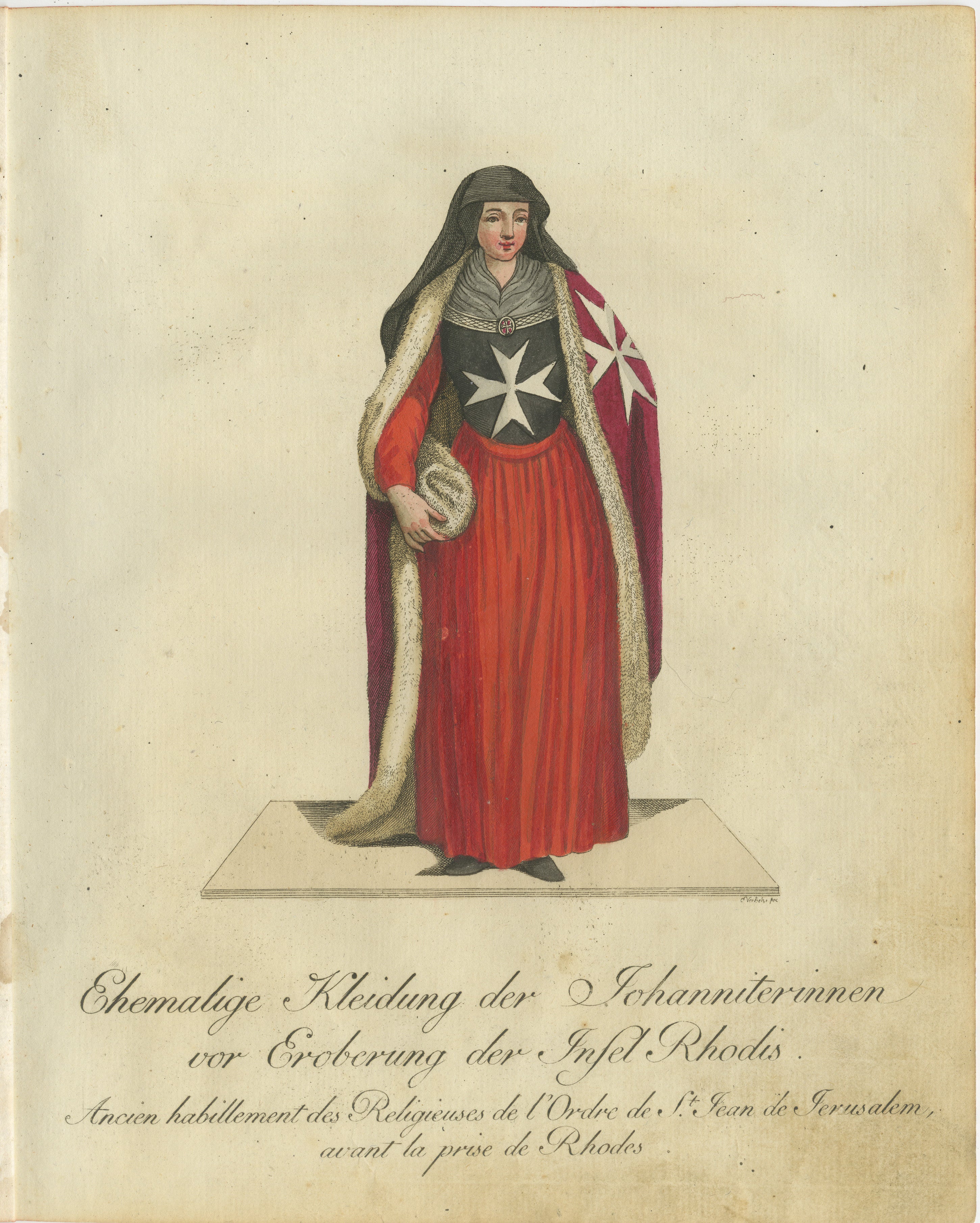 Pre-Rhodes Hospitaller Nun: 1791 Hand-Colored Engraving of Historic Ceremonial Dress  

This vibrant hand-colored engraving, titled 
