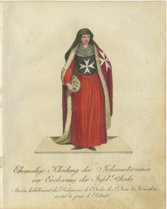 Pre-Rhodes Hospitaller Nun: 1791 Colored Engraving of Historic Ceremonial Dress