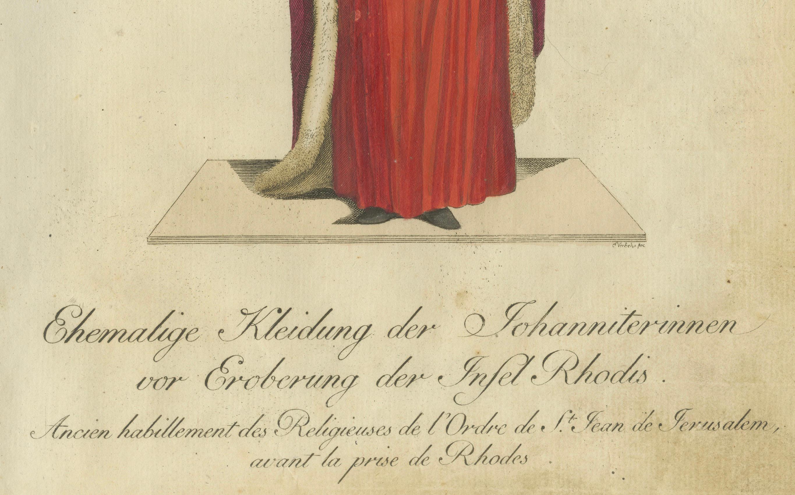 Engraved Pre-Rhodes Hospitaller Nun: 1791 Colored Engraving of Historic Ceremonial Dress For Sale