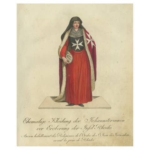 Pre-Rhodes Hospitaller Nun: 1791 Colored Engraving of Historic Ceremonial Dress