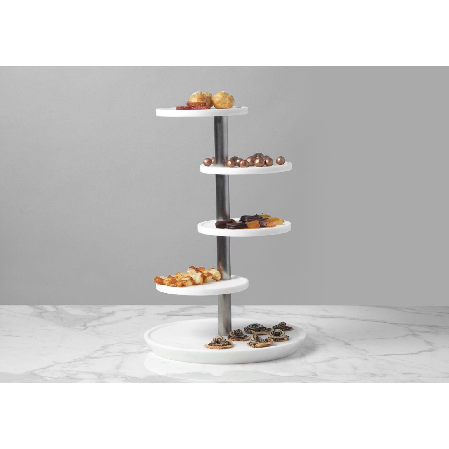 Pre appetizers/ desserts multilevel tray by Cristoforo Trapani
Magnolia Table Collection
Dimensions: 30 x 44 cm
Materials: Bianco michelangelo, steel

Contemporary chefs love to construct their culinary creations to enhance their impact; it’s