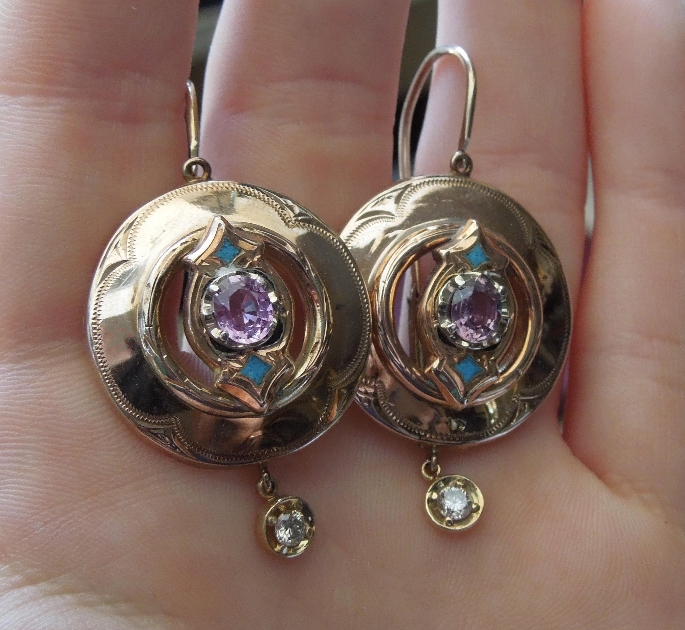Oval Cut Pre-Victorian Pink Sapphire Roman Shield Earrings For Sale
