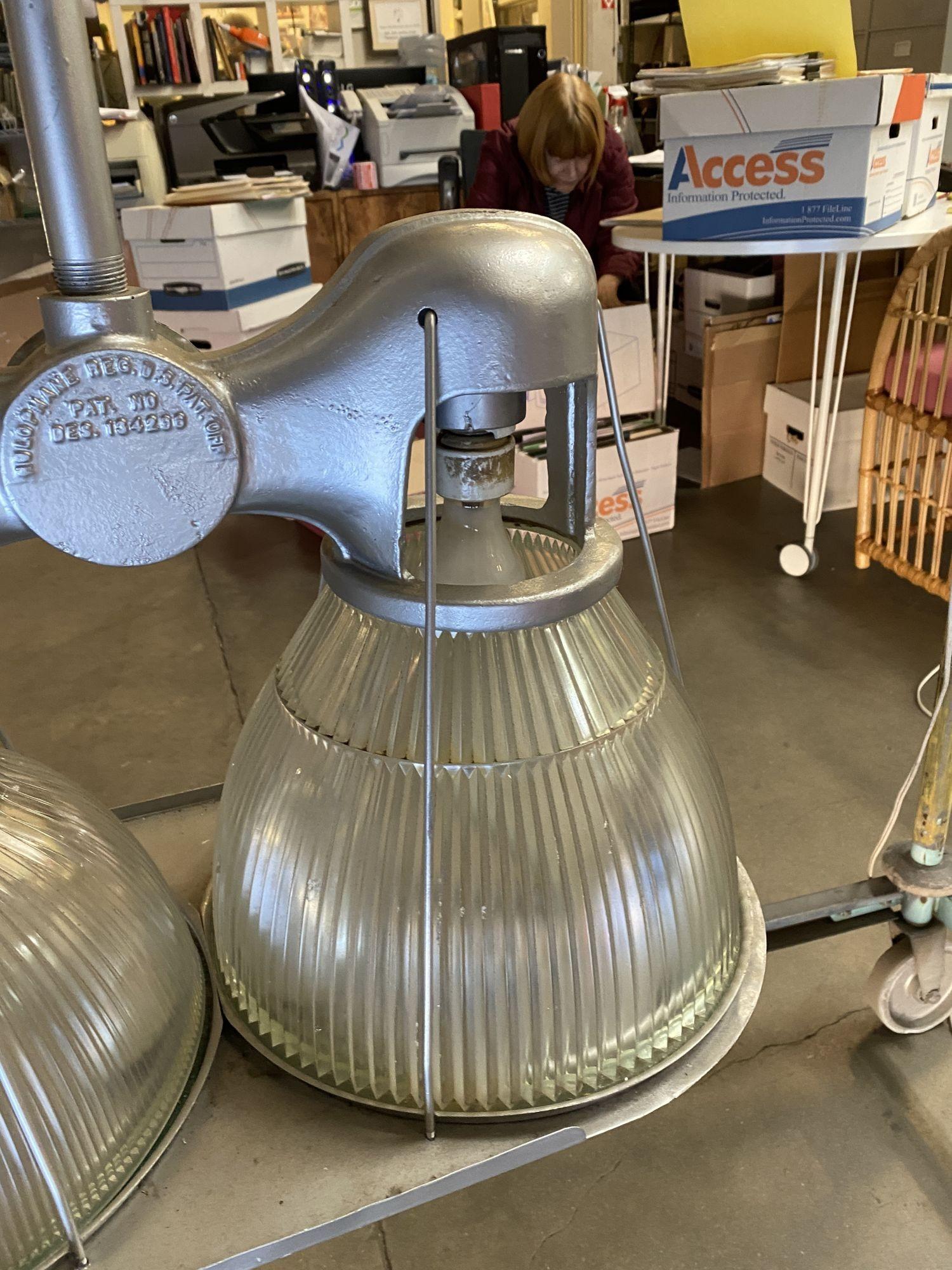 Pre War 1940s Asymmetric Holophane Industrial Double Pendant Lamp 4