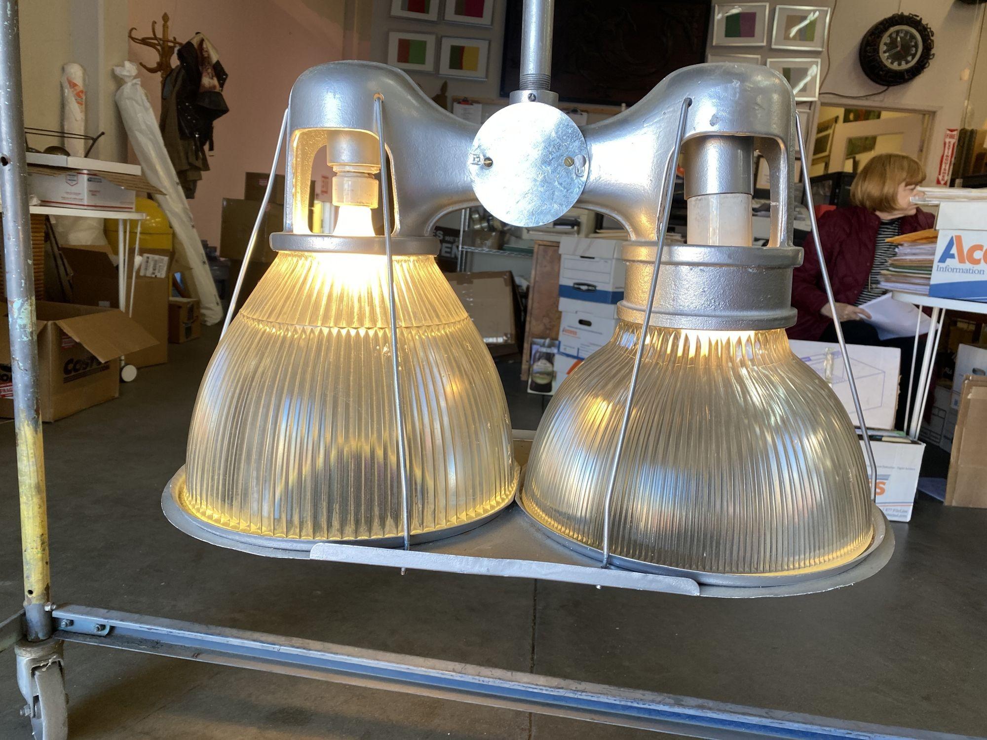 American Pre War 1940s Asymmetric Holophane Industrial Double Pendant Lamp