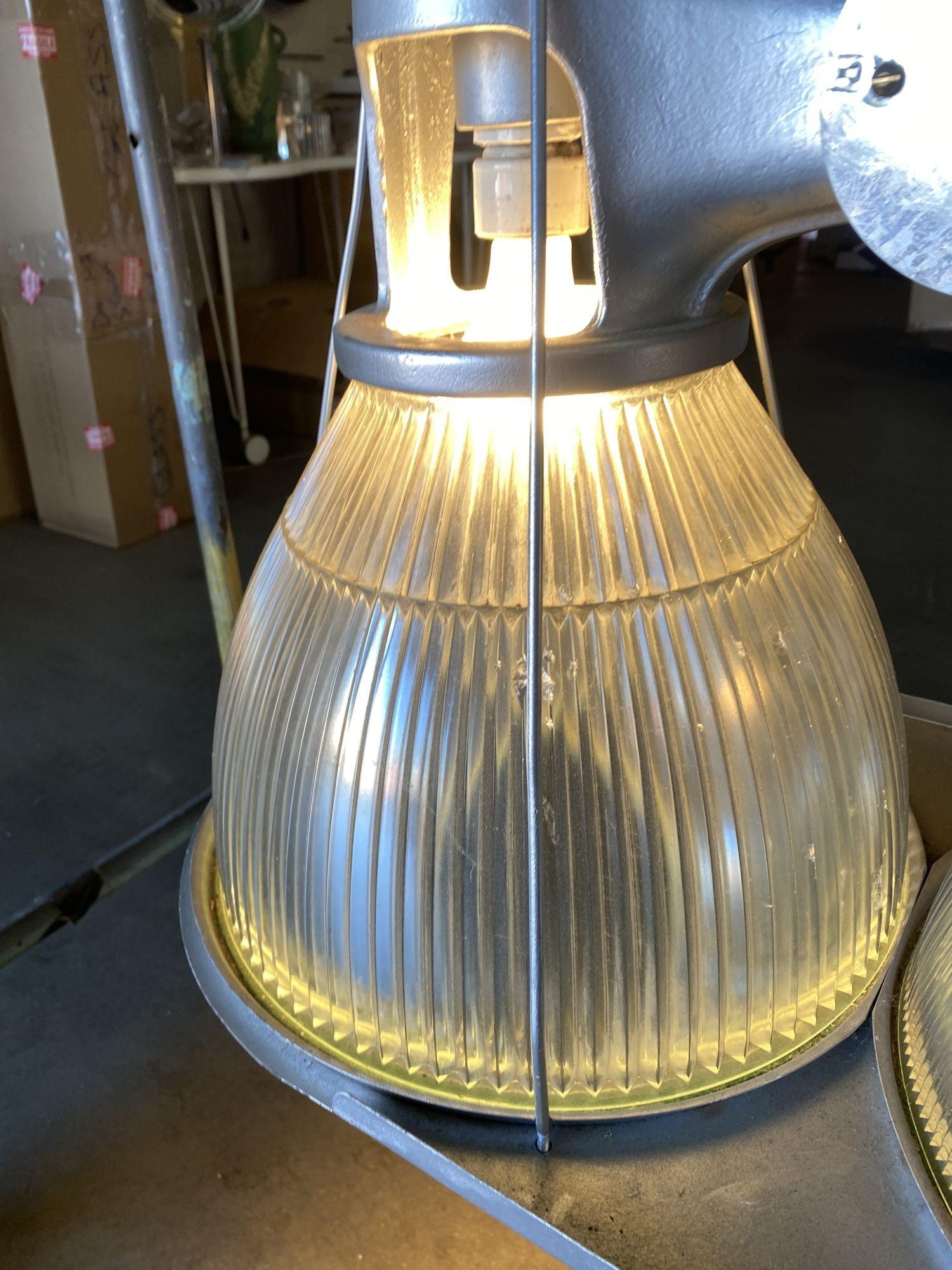 Pre War 1940s Asymmetric Holophane Industrial Double Pendant Lamp In Excellent Condition In Van Nuys, CA