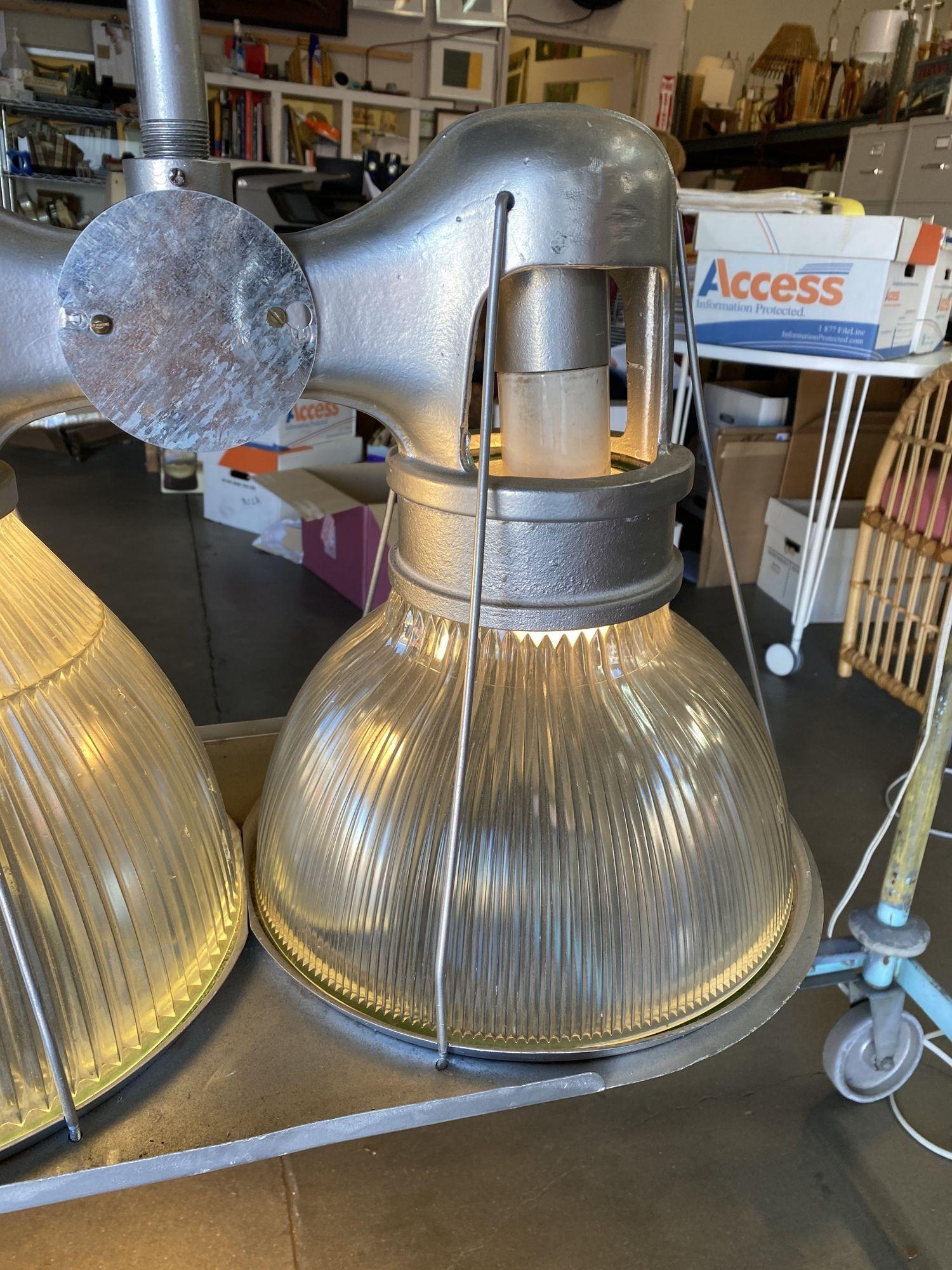 Mid-20th Century Pre War 1940s Asymmetric Holophane Industrial Double Pendant Lamp