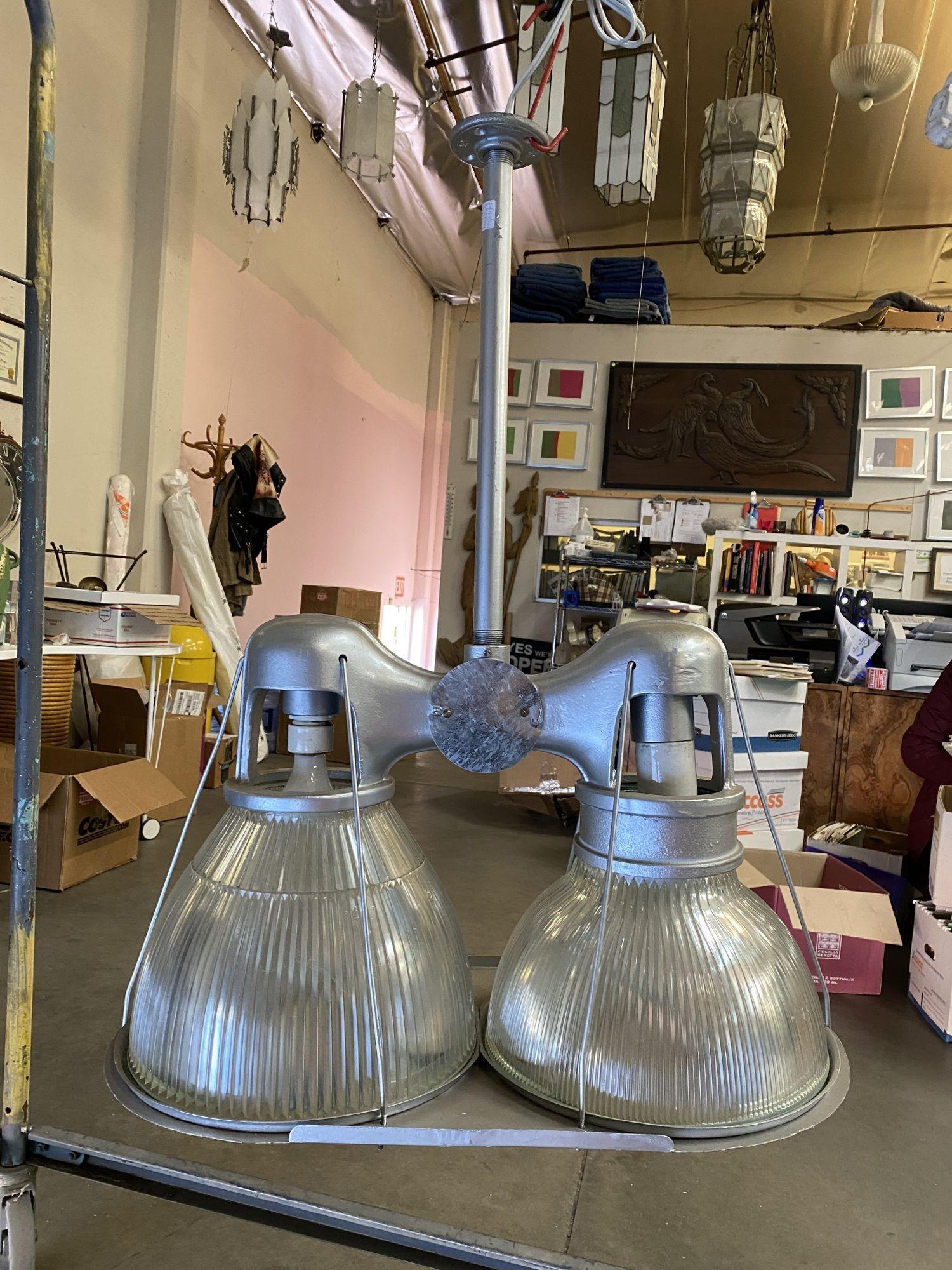 Steel Pre War 1940s Asymmetric Holophane Industrial Double Pendant Lamp