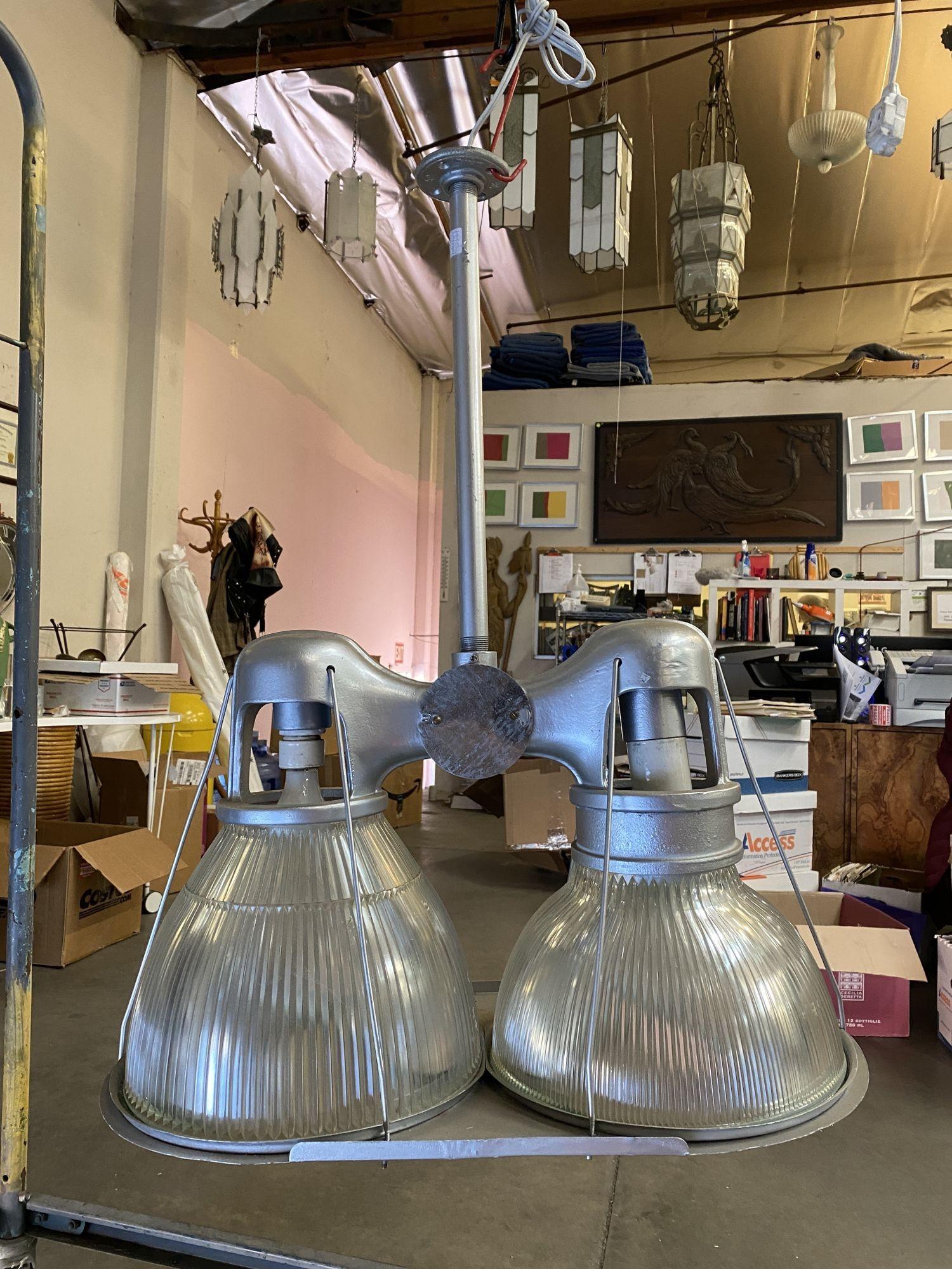 Pre War 1940s Asymmetric Holophane Industrial Double Pendant Lamp 1