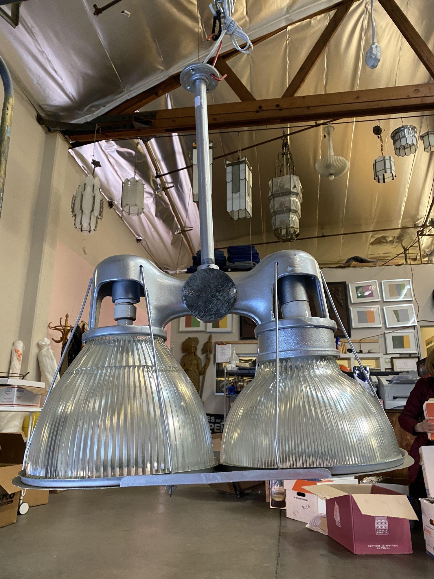 Pre War 1940s Asymmetric Holophane Industrial Double Pendant Lamp 2