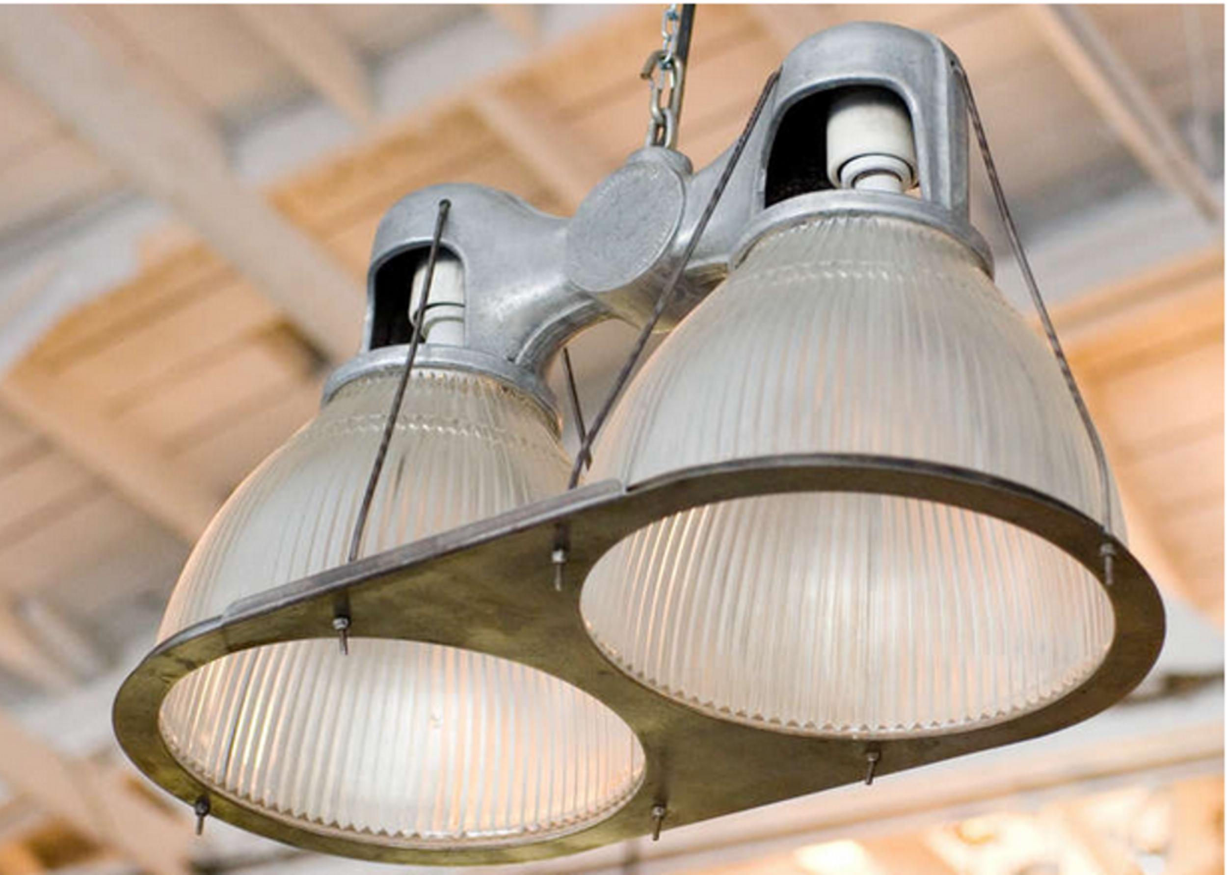 Pre War 1940s Holophane Industrial Double Pendant Lamp In Excellent Condition In Van Nuys, CA