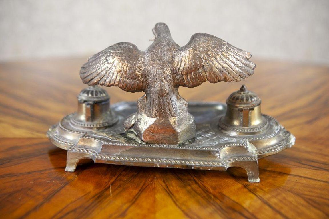 European Pre-War Metal Inkwell with Bird Figurine For Sale
