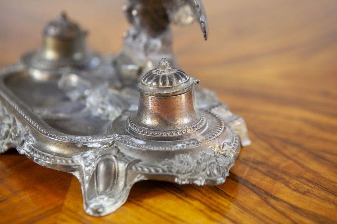 Pre-War Metal Inkwell with Bird Figurine For Sale 1