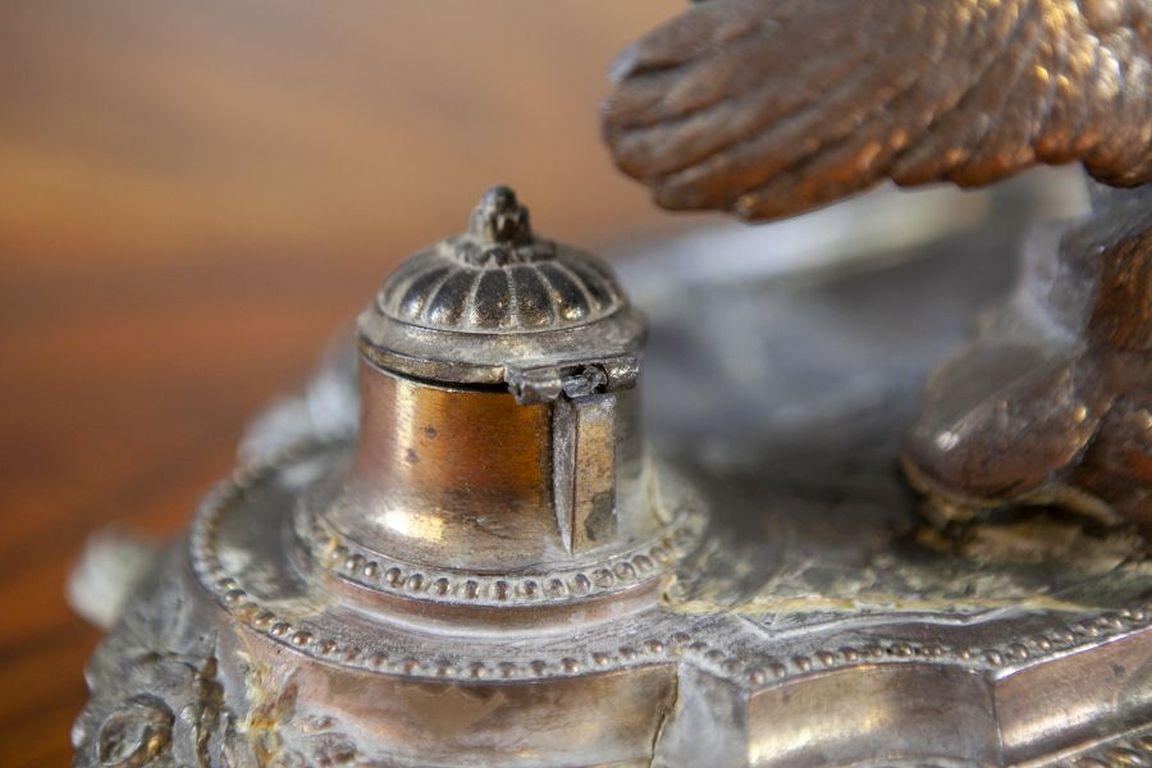 Pre-War Metal Inkwell with Bird Figurine For Sale 3