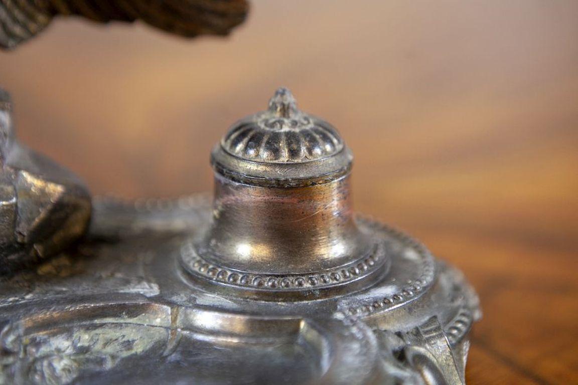 Pre-War Metal Inkwell with Bird Figurine For Sale 4