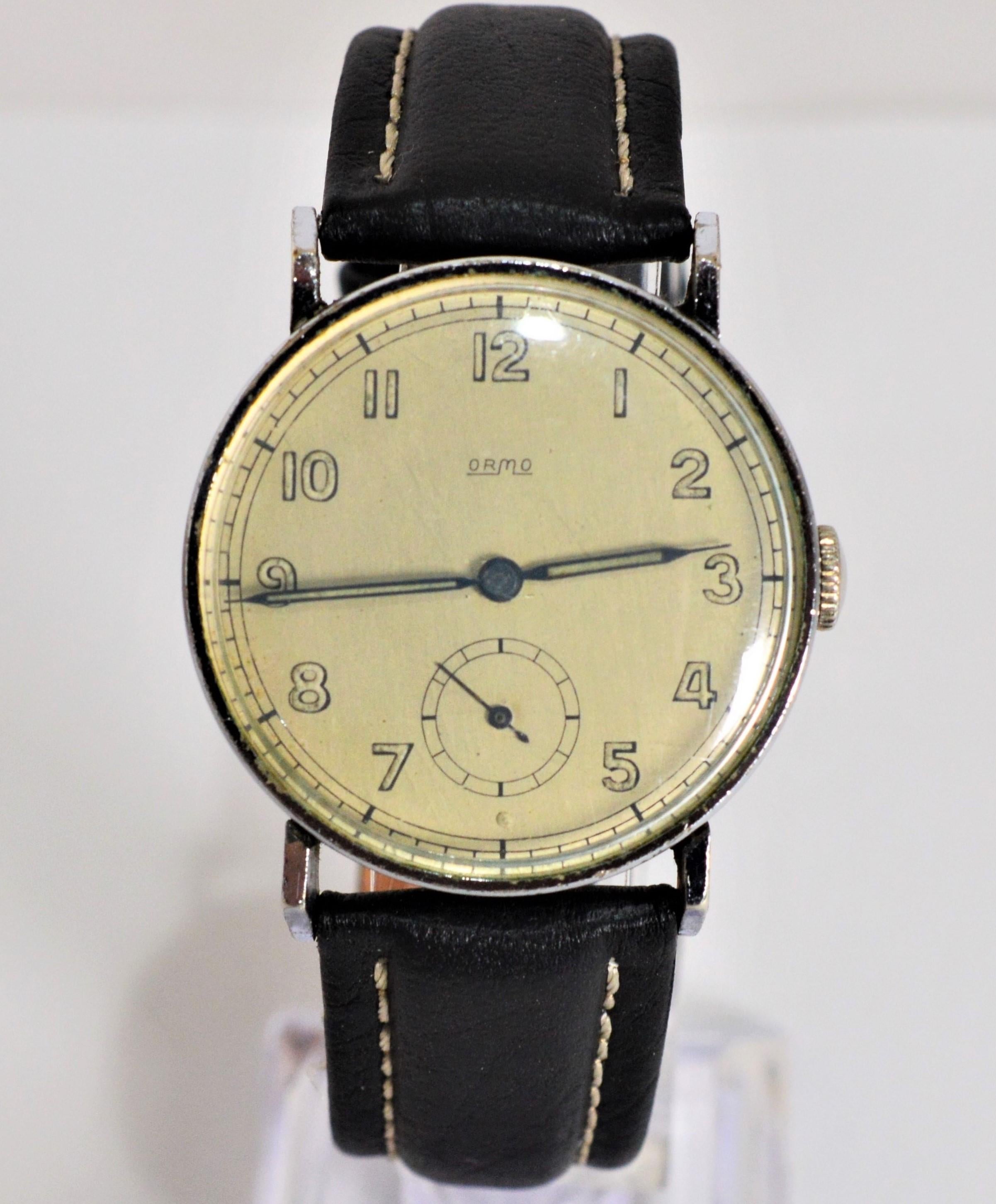 Circa 1940-1944, Pforzheim, Germany, this vintage beauty offered by Ormo proudly displays retro simplicity through its round 34mm Boden Edelstahl stainless steel case made for the German Army and impressive dial. The easy to read toned dial has