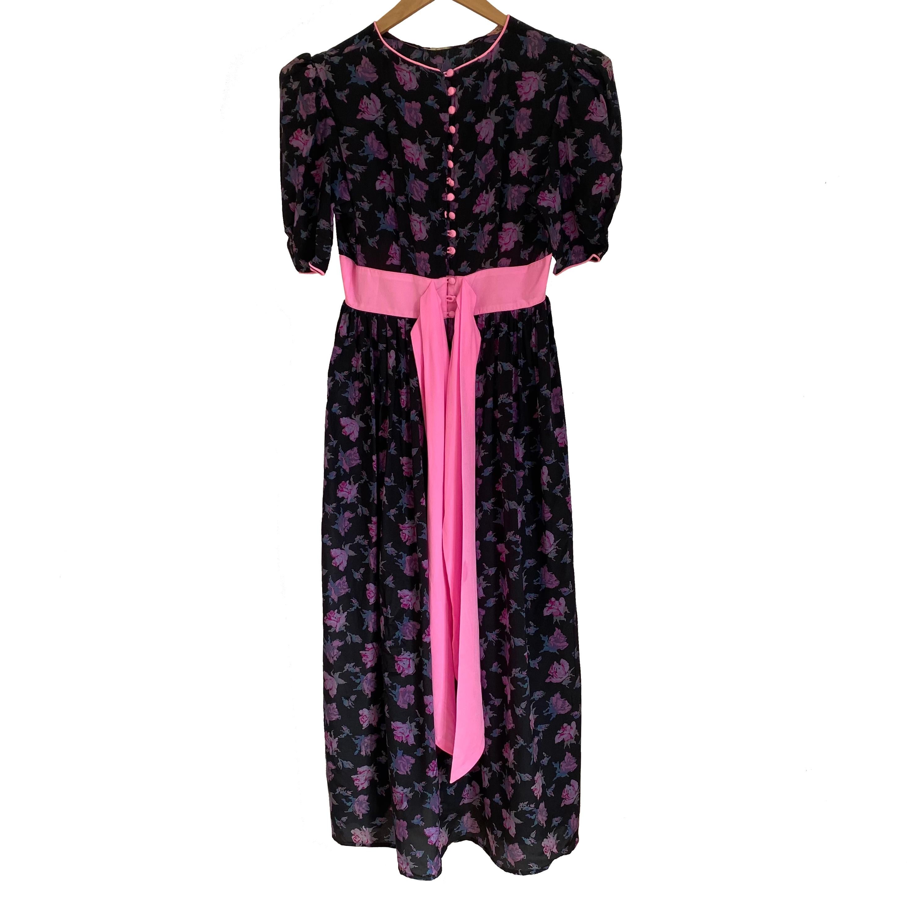 Pre-washed rosebud print black silk crepe FLORA KUNG princess dress For Sale 1