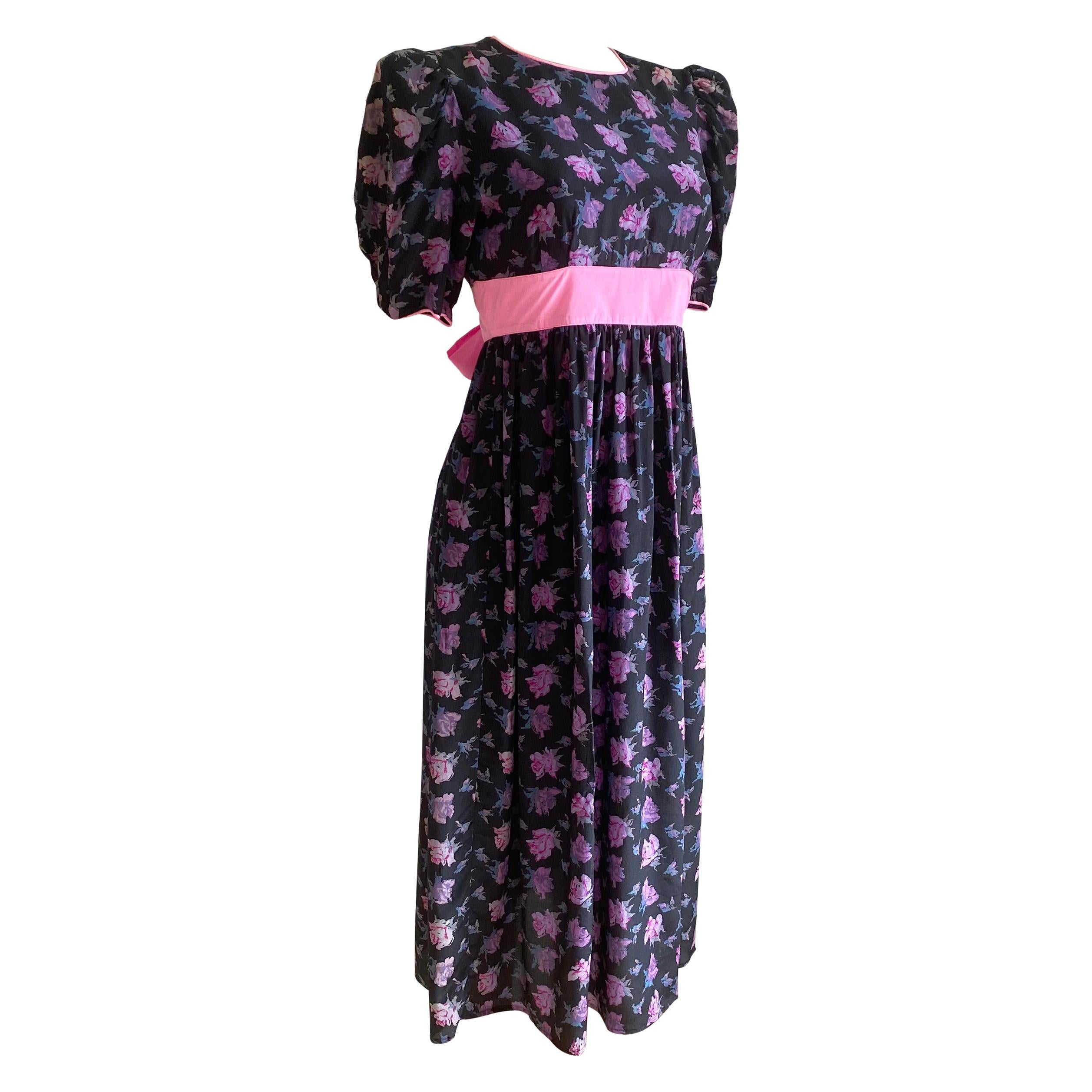 Pre-washed rosebud print black silk crepe FLORA KUNG princess dress For Sale
