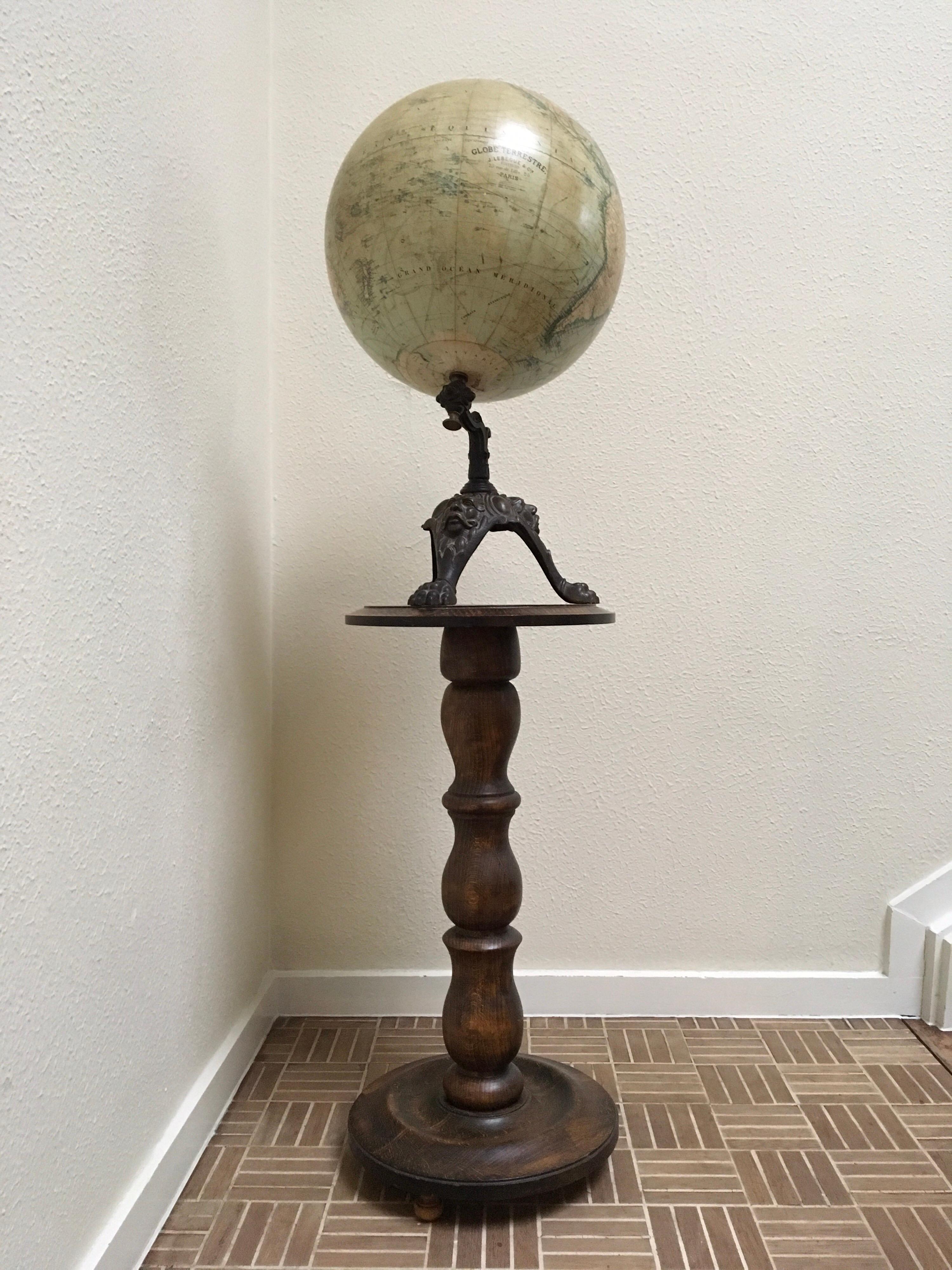 French Pre-World War 1 Terrestrial Globe by J. Lebegue et Cie, Paris, France