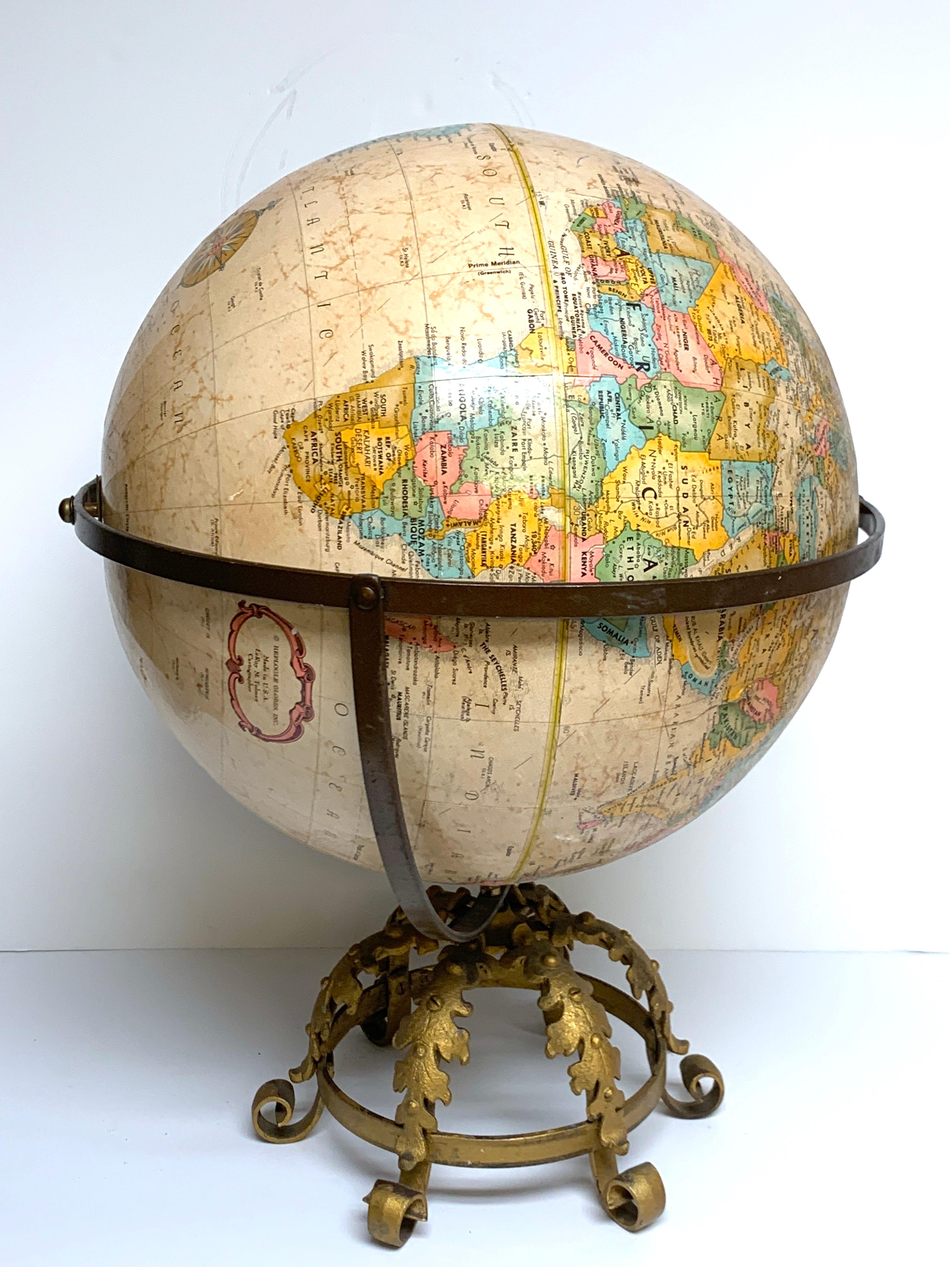 Pre WWII Globe on Art Deco Wrought Iron Stand by Repogle 3