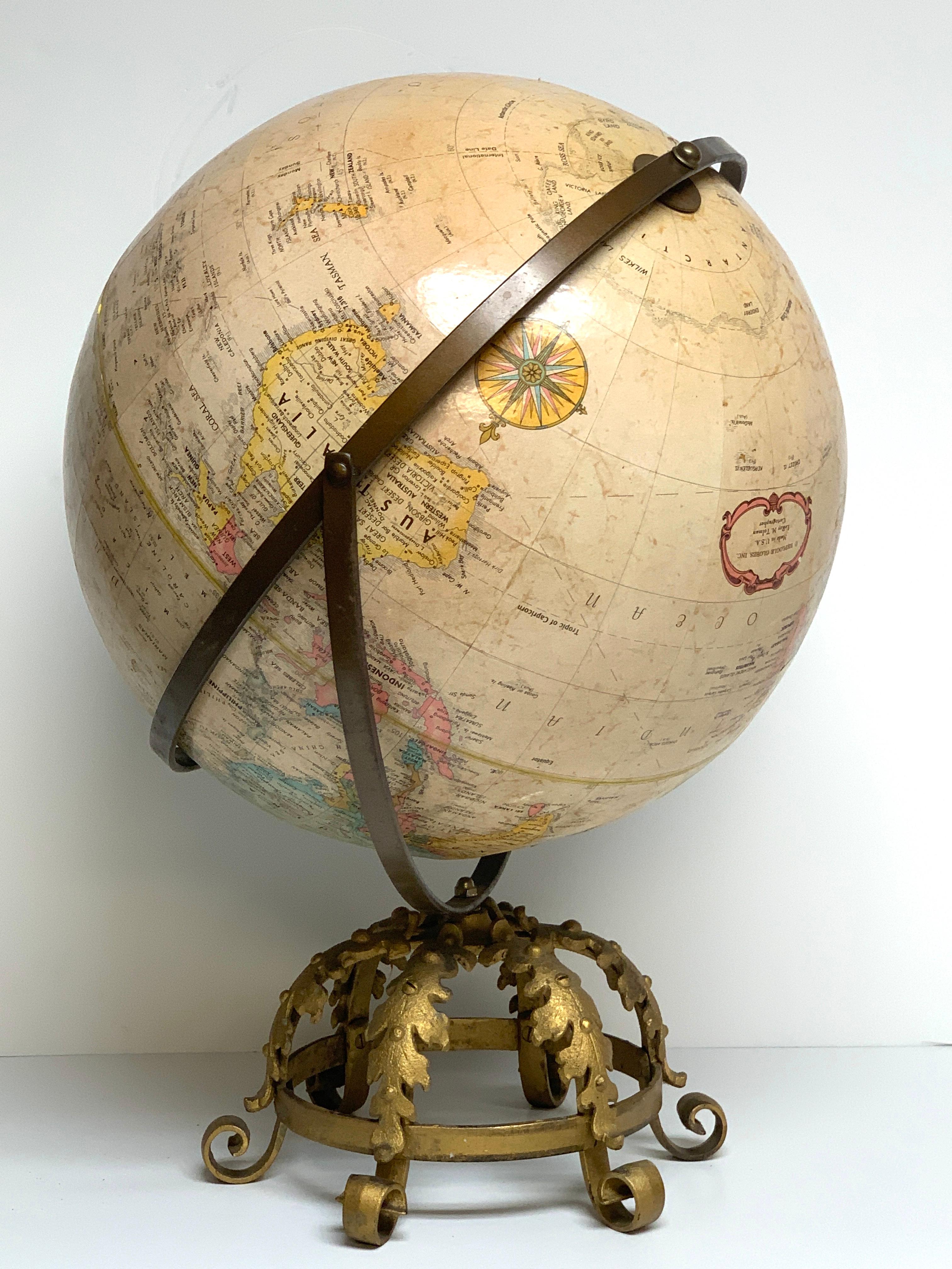 Pre WWII Globe on Art Deco Wrought Iron Stand by Repogle 8
