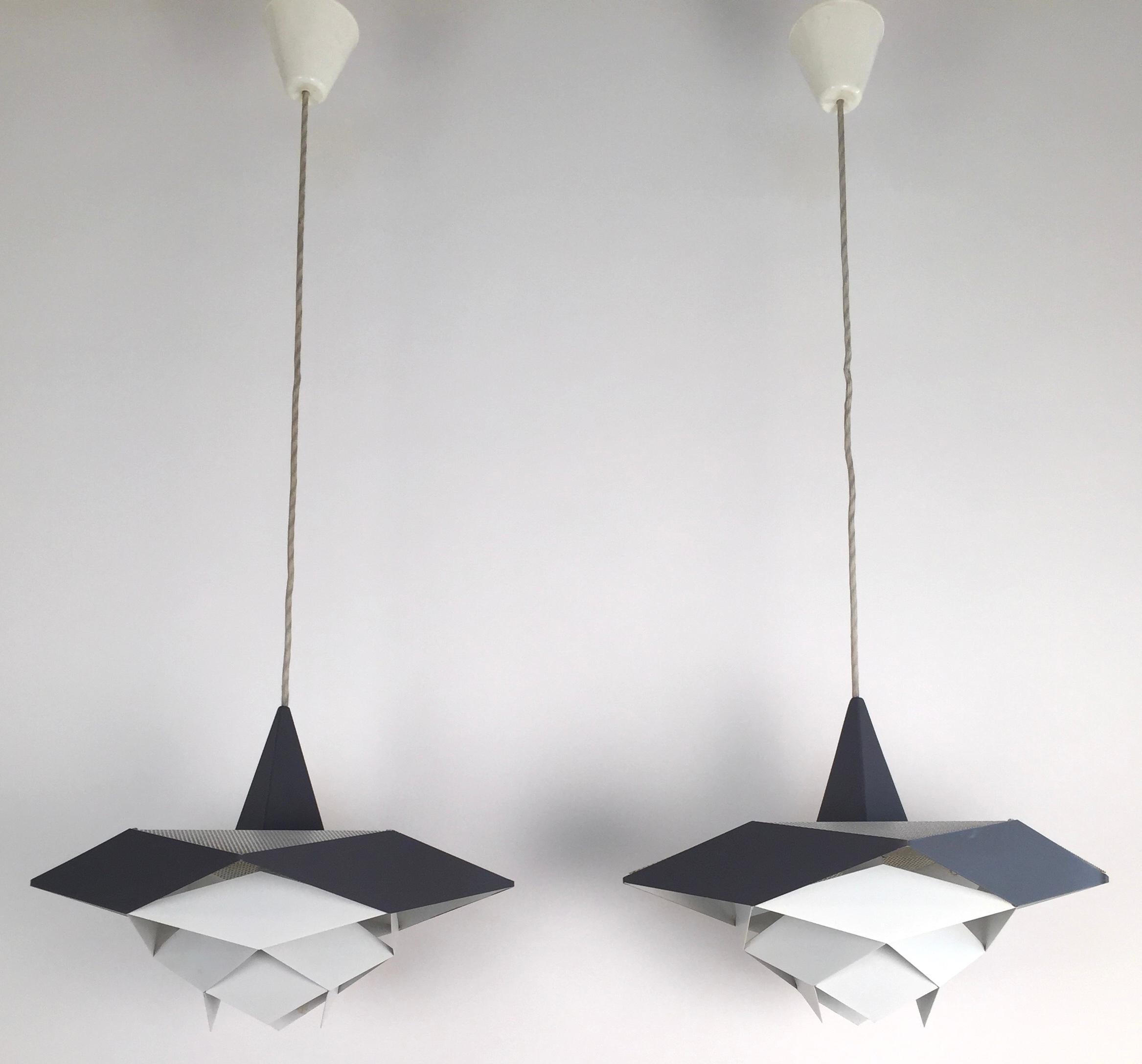 A beautiful pair of ceiling lamps ,designed by Preben Dahl and edited by Hans Folsgaard in the 60s.White and grey lacquered metal in a harlequin-like pattern. Excellent condition.