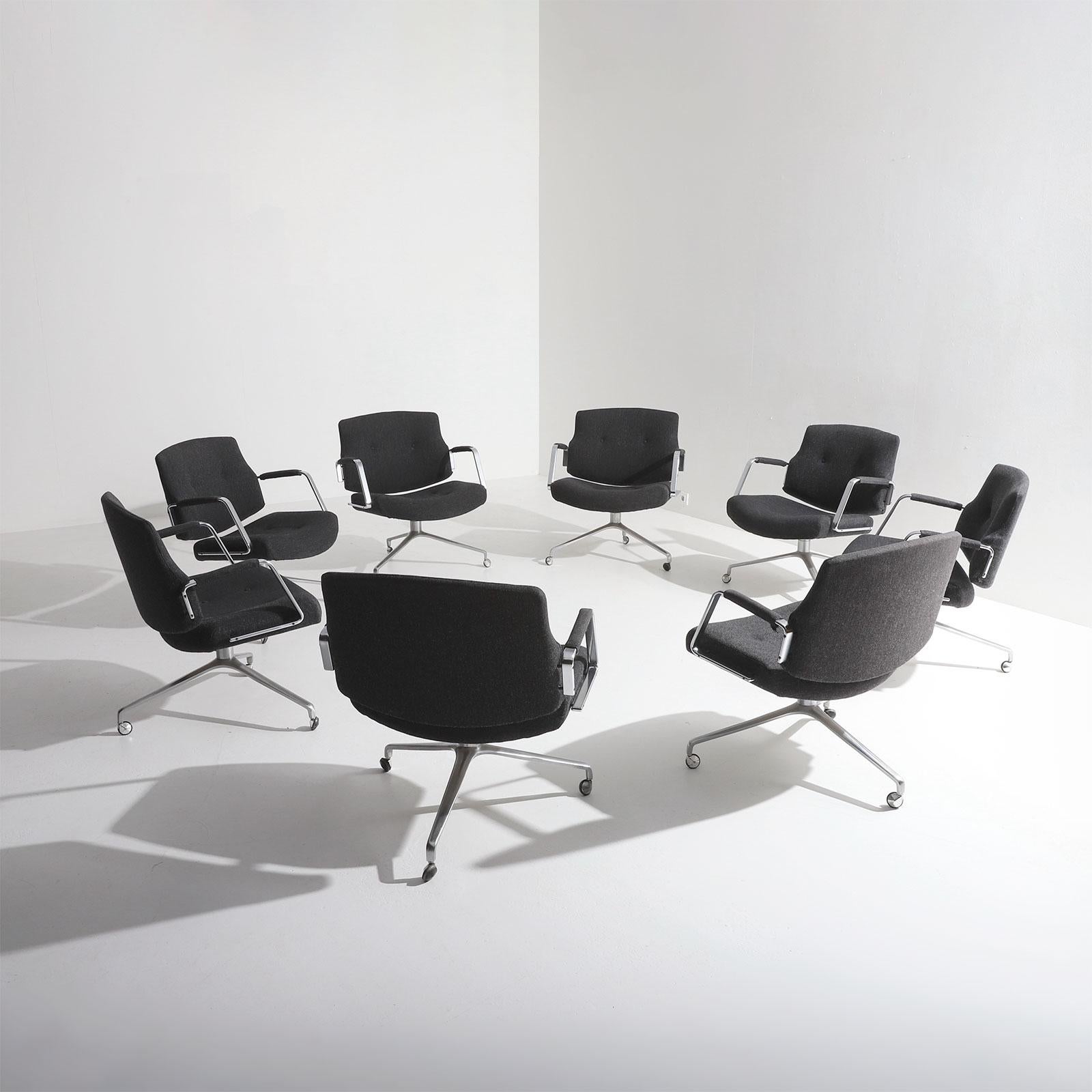 Preben Fabricius and Jorgen Kastholm, Manufactured by Kill International, Denmark, 1970s.
Set of nine rare conference or office FK-84 armchairs 

The chairs stand in a well preserved condition and are reupholstered some years ago in a quality