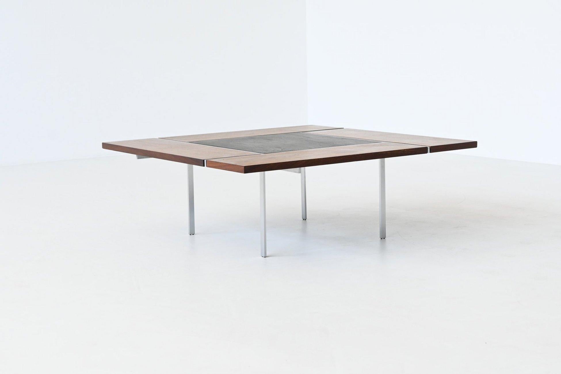 Gorgeous model BO 750 coffee table designed by Preben Fabricius for Bo-Ex, Denmark 1970. The table has a wenge wood top with a black slate tile in the middle, supported by a matte chromed-plated steel frame. The wenge wood has a beautiful colour and
