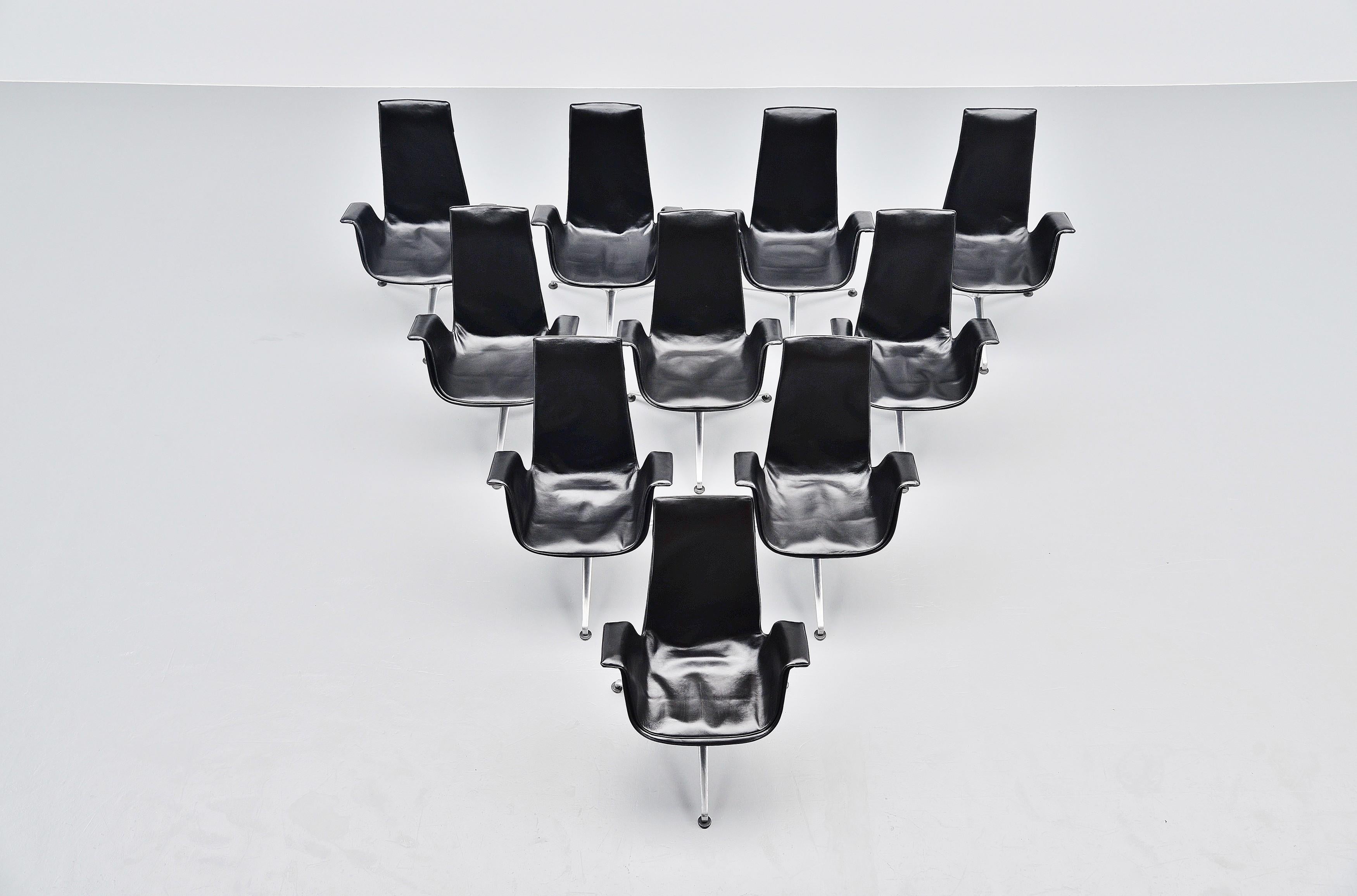 Very large set of high back executive chairs model FK6725 designed by Preben Fabricius and Jorgen Kastholm, manufactured by Kill International, Germany 1964. These so called bird chairs have recolored black leather seats so they look fantastic