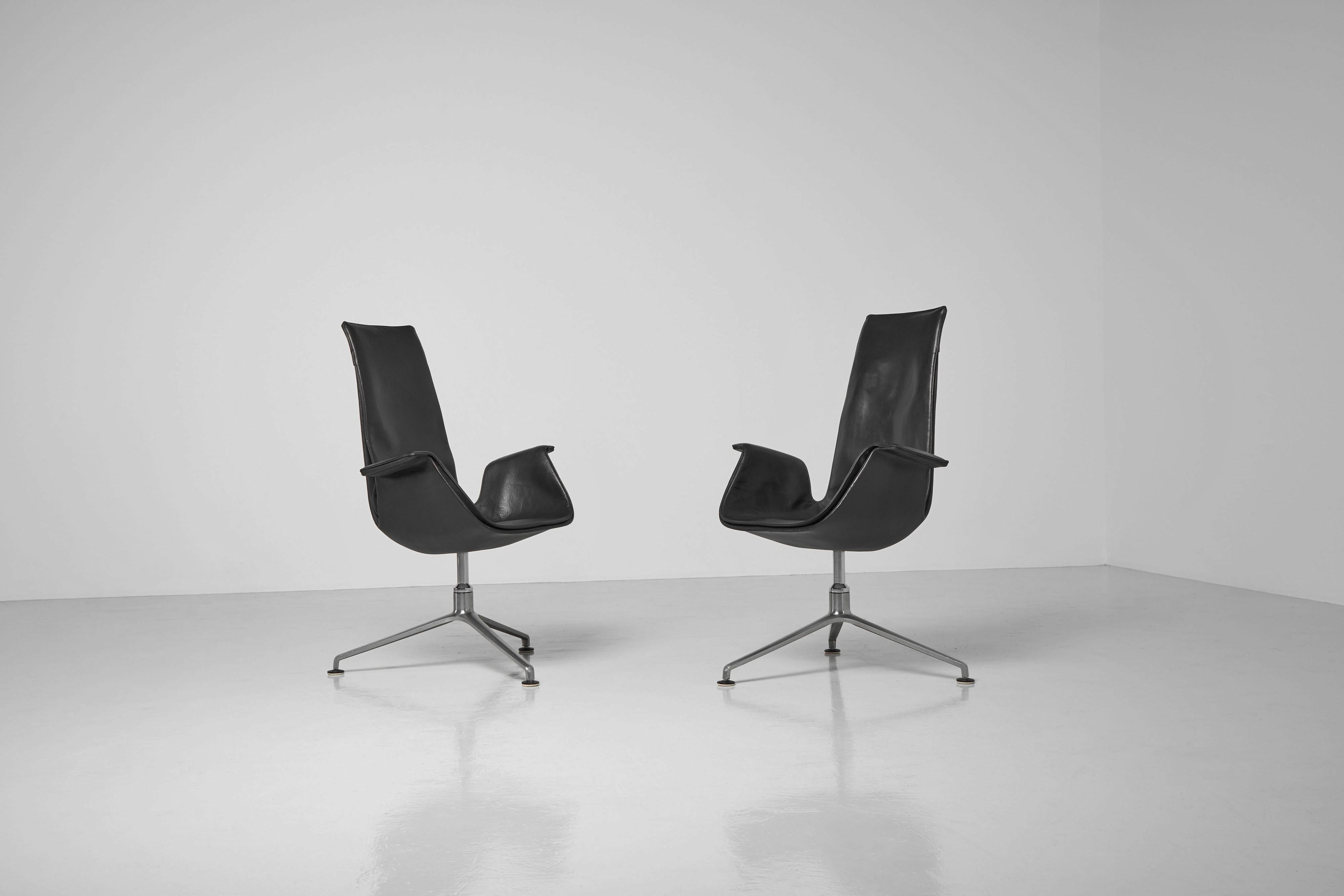 Super large set of high back conference office chairs model FK6725 designed by Preben Fabricius and Jorgen Kastholm and manufactured by Kill International, Germany 1964. These so-called bird chairs have their original black leather seats, so they