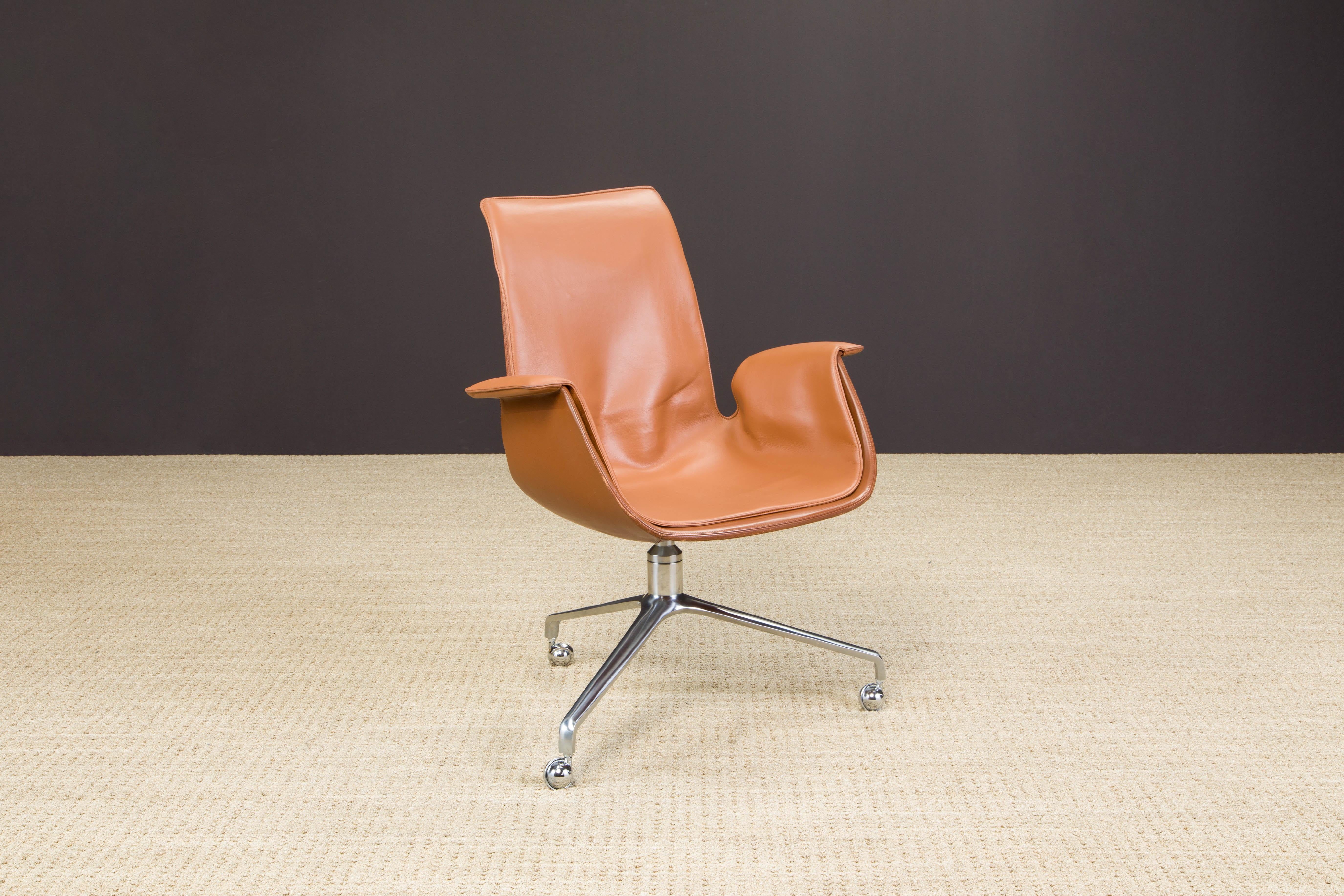 A gorgeous original classic low-back 'bucket' version of the Model FK-6725 cognac brown leather 'Bird' chair, also commonly referred to as the 'Tulip' chair and originally called the 'Bucket' chair, designed by Preben Fabricius and Jørgen Kastholm,
