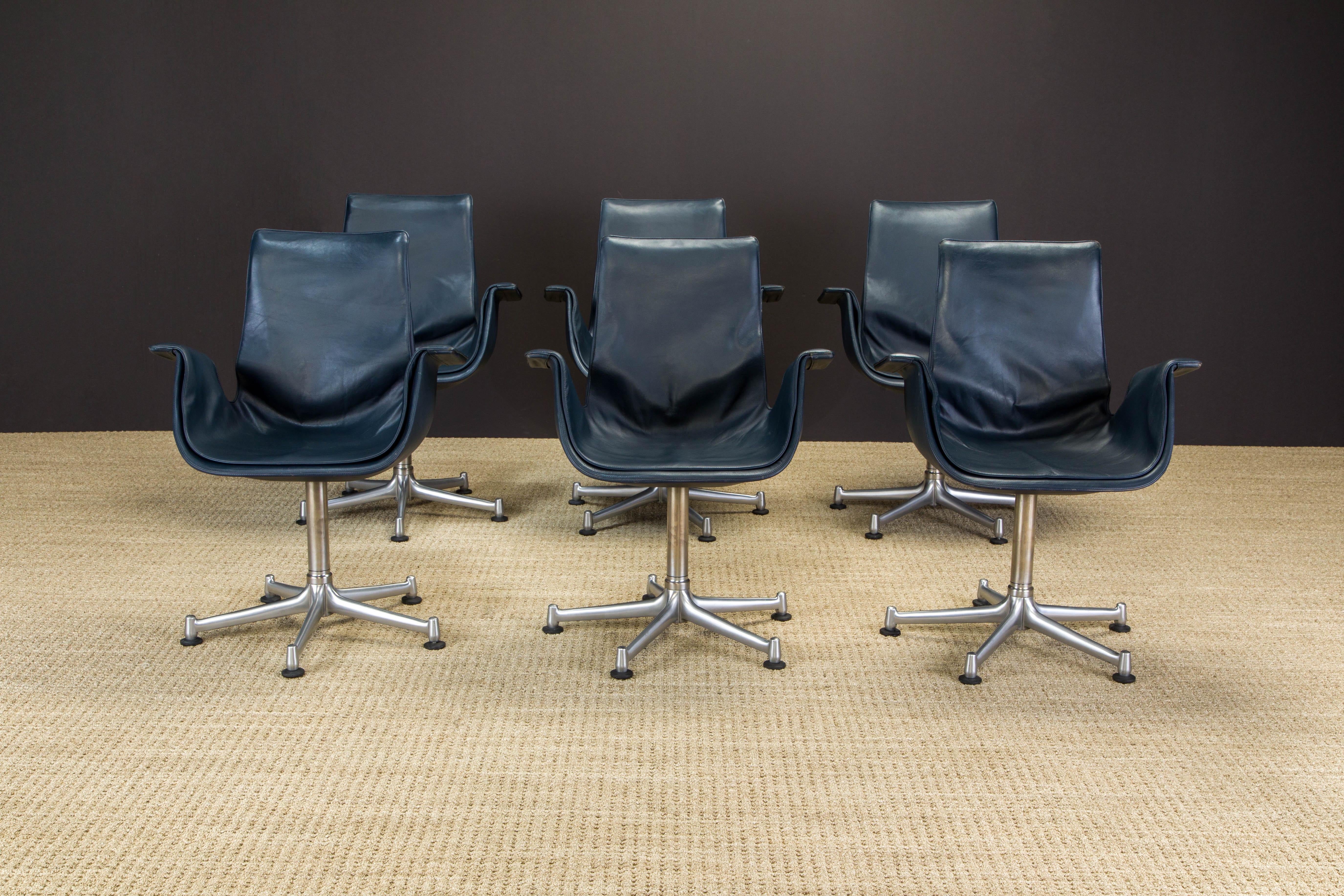 A gorgeous set of six original classic low-back 'bucket' versions of the Model FK-6725 deep blue leather 'Bird' chairs, also commonly referred to as the 'Tulip' chair and originally called the 'Bucket' chair, designed by Preben Fabricius and Jørgen