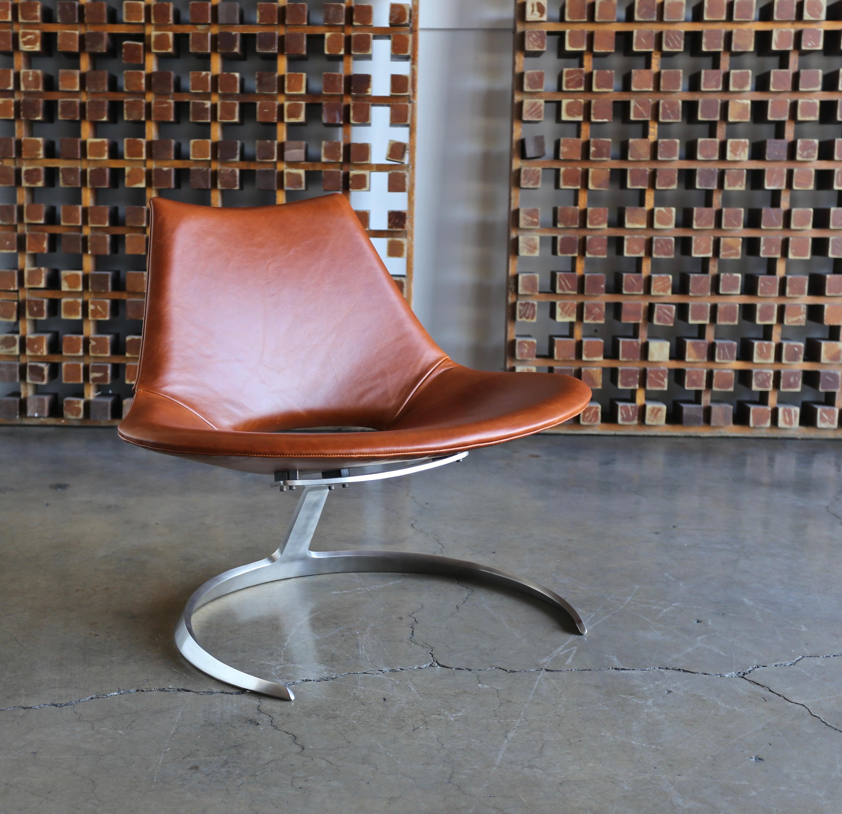 Preben Fabricius & Jørgen Kastholm scimitar chair by Ivan Schlechter in Denmark, circa 1965. Updated leather upholstery.