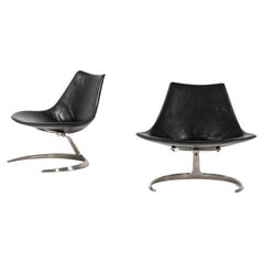 Vintage Preben Fabricius & Jørgen Kastholm Scimitar easy chairs Steel and Leather, 1960s