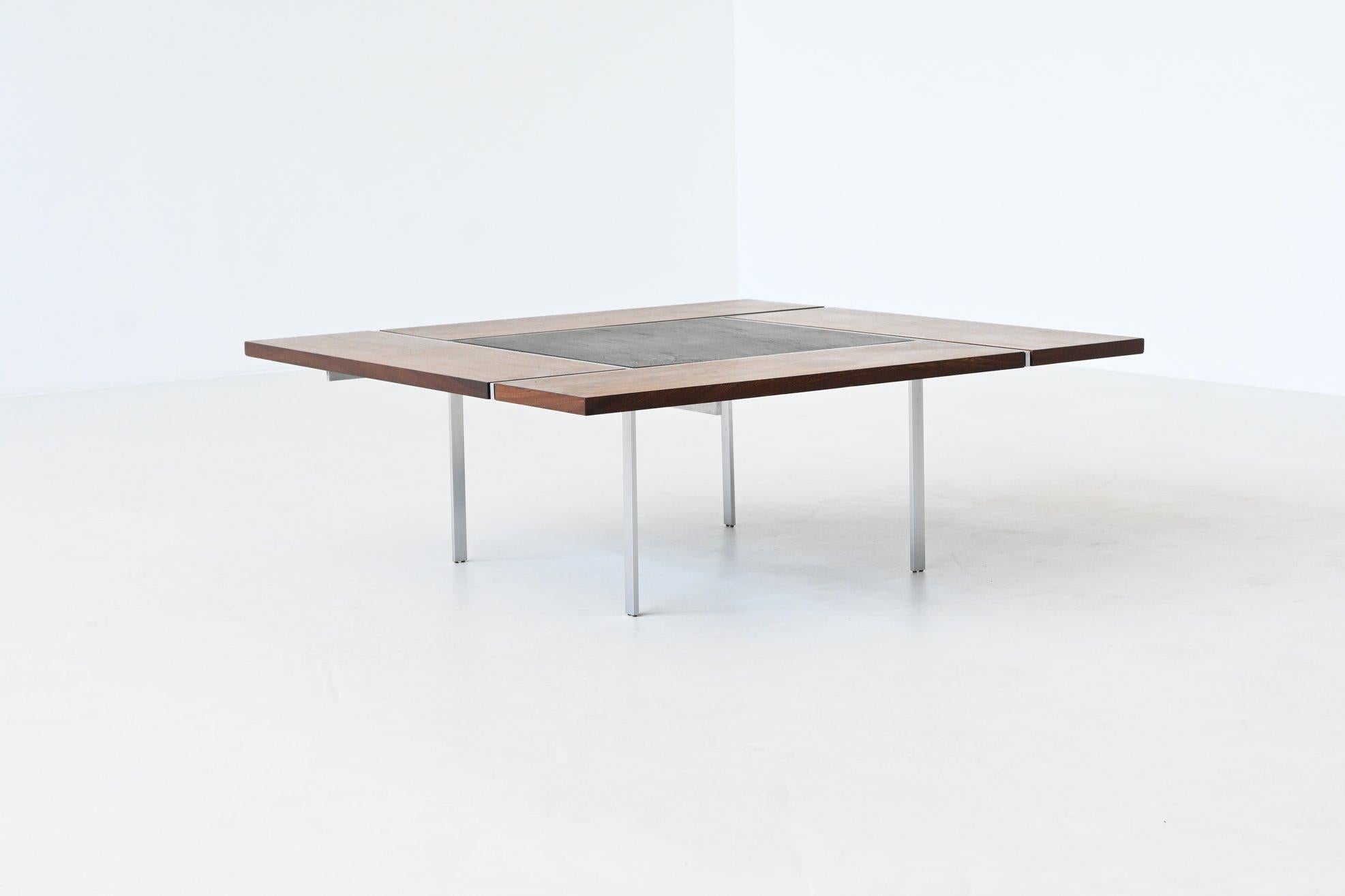 Gorgeous model BO 750 coffee table designed by Preben Fabricius for Bo-Ex, Denmark 1970. The table has a wenge wood top with a black slate tile in the middle, supported by a matte chromed-plated steel frame. The wenge wood has a beautiful colour and