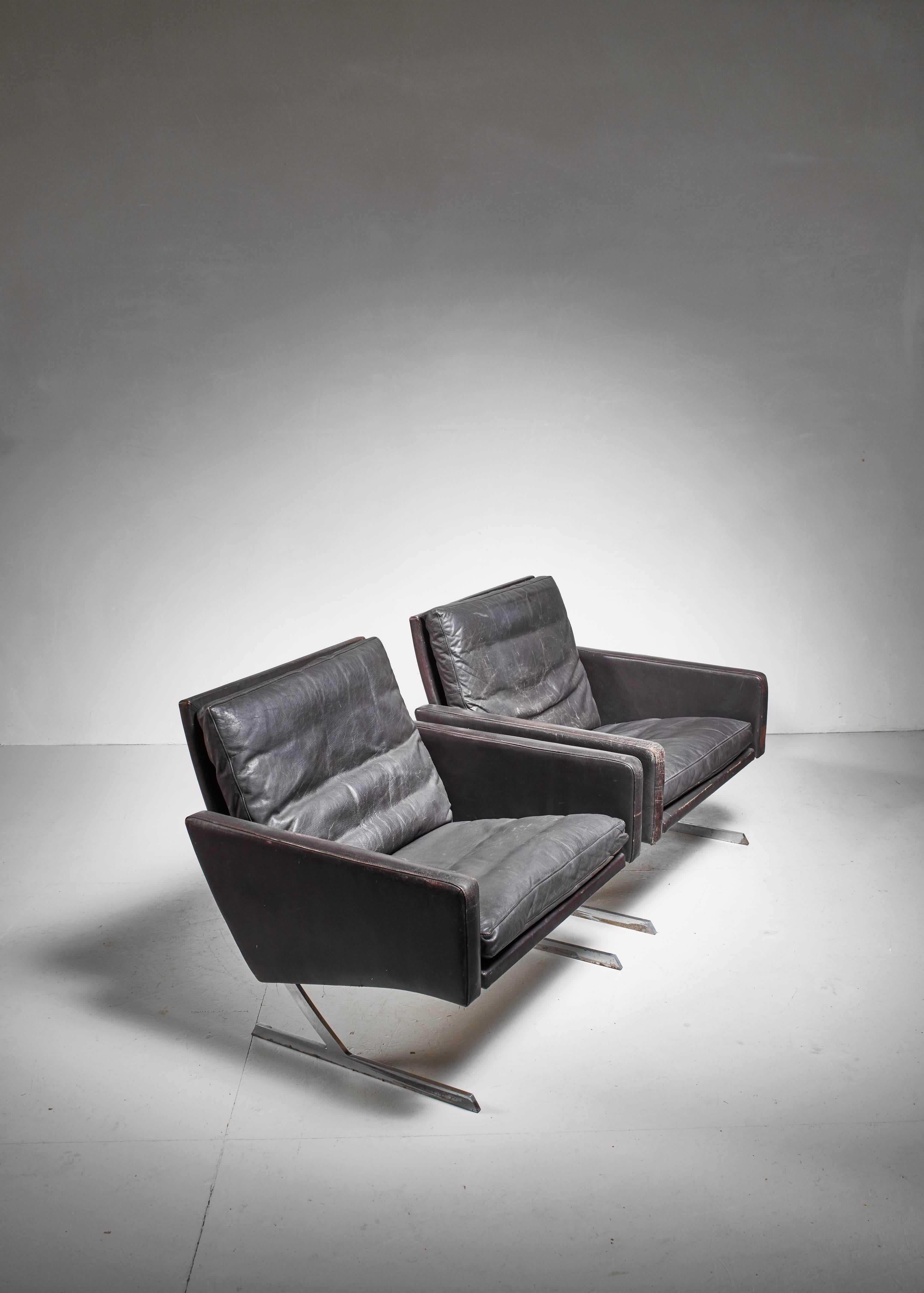 Steel Preben Fabricius Pair of BO 701 Chairs in Dark Brown Leather, Germany, 1970 For Sale